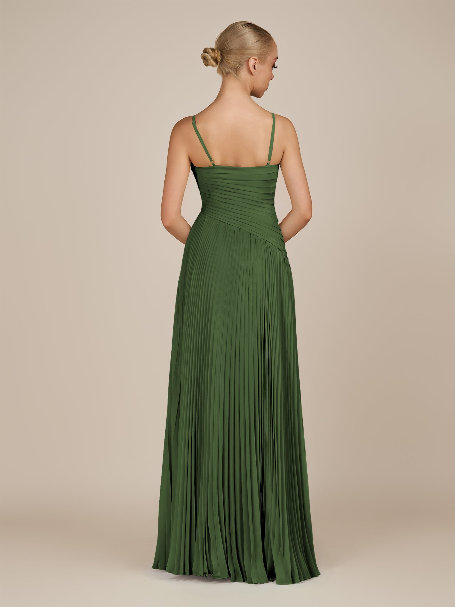 KissDress-Vionnet Moss A-Line V Neck Pleated Chiffon Long Bridesmaid Dress with Slit