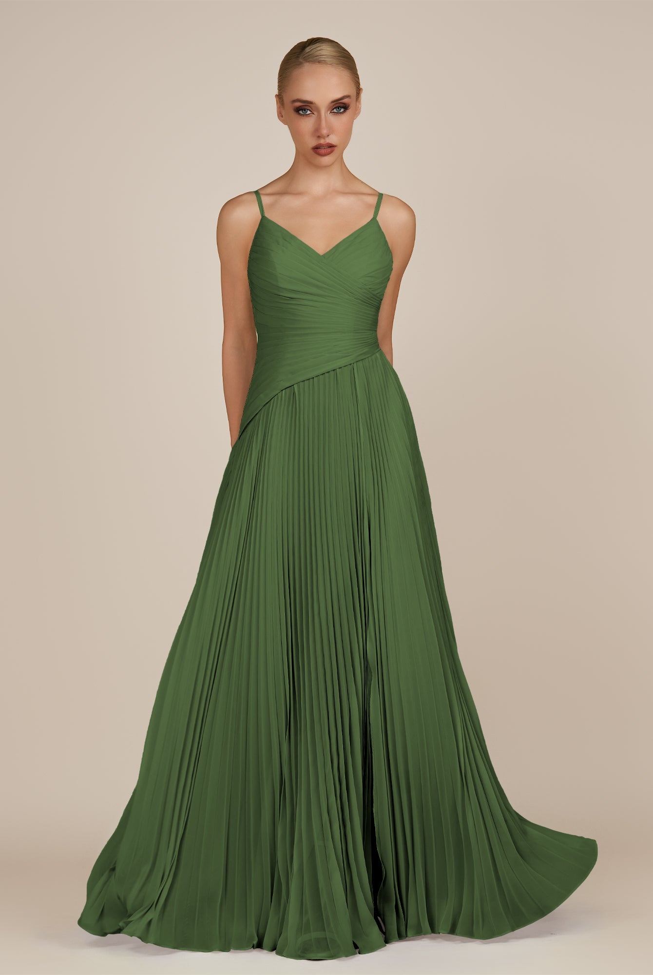 KissDress-Vionnet Moss A-Line V Neck Pleated Chiffon Long Bridesmaid Dress with Slit