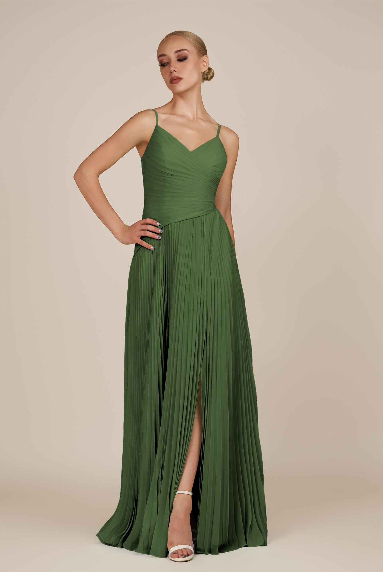 KissDress-Vionnet Moss A-Line V Neck Pleated Chiffon Long Bridesmaid Dress with Slit