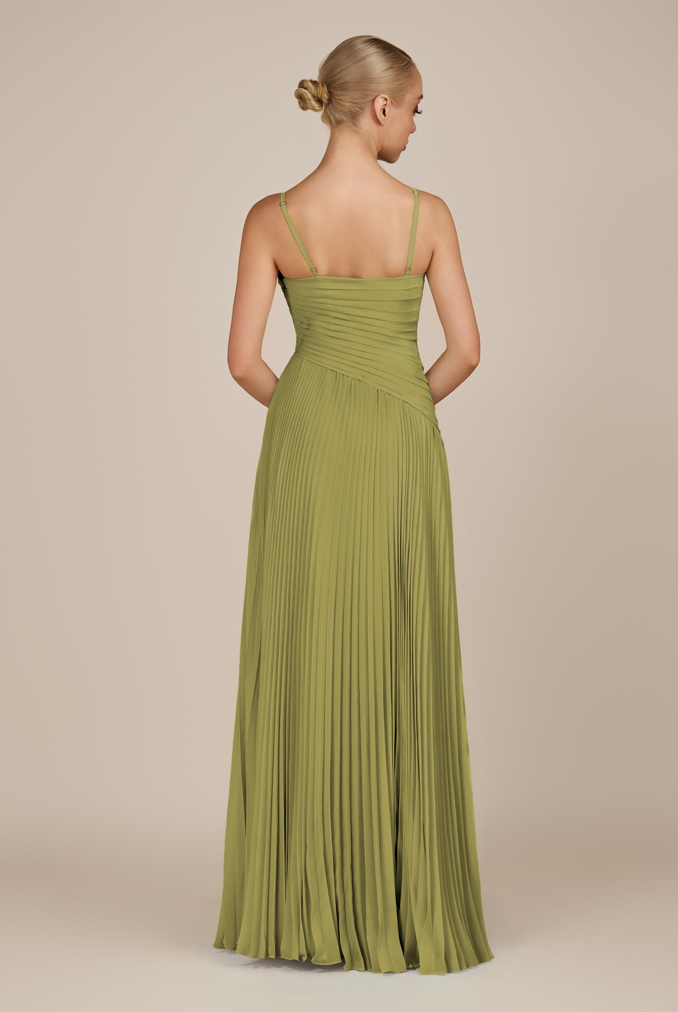KissDress-Vionnet Moss Green A-Line V Neck Pleated Chiffon Long Bridesmaid Dress with Slit