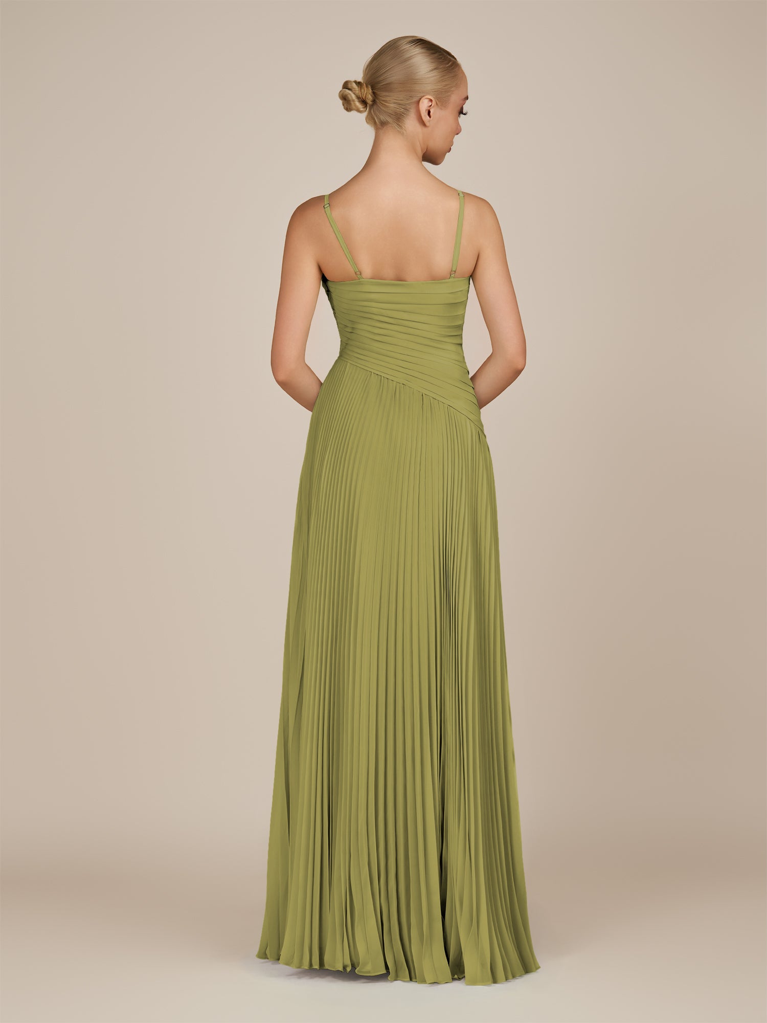 KissDress-Vionnet Moss Green A-Line V Neck Pleated Chiffon Long Bridesmaid Dress with Slit