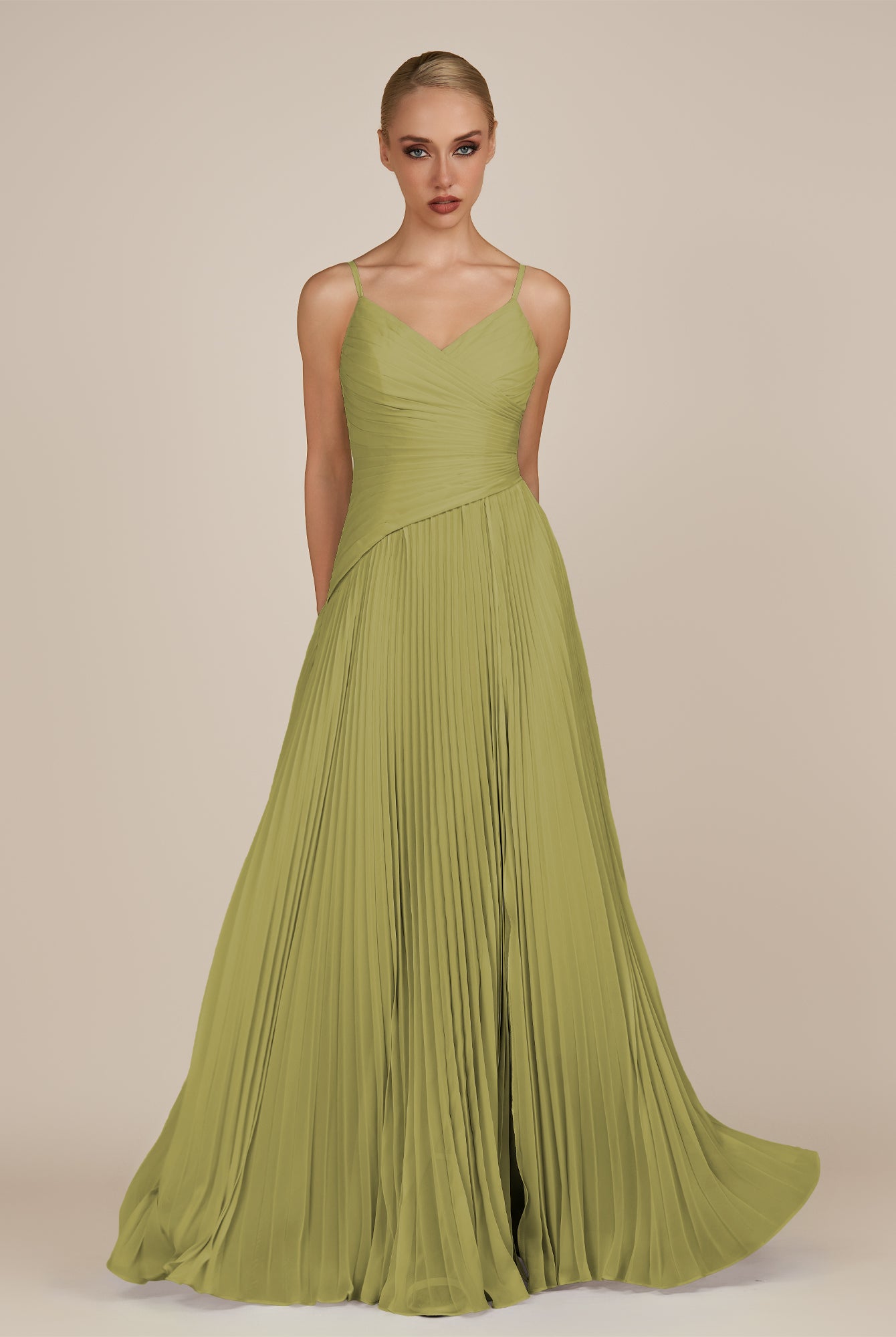 KissDress-Vionnet Moss Green A-Line V Neck Pleated Chiffon Long Bridesmaid Dress with Slit