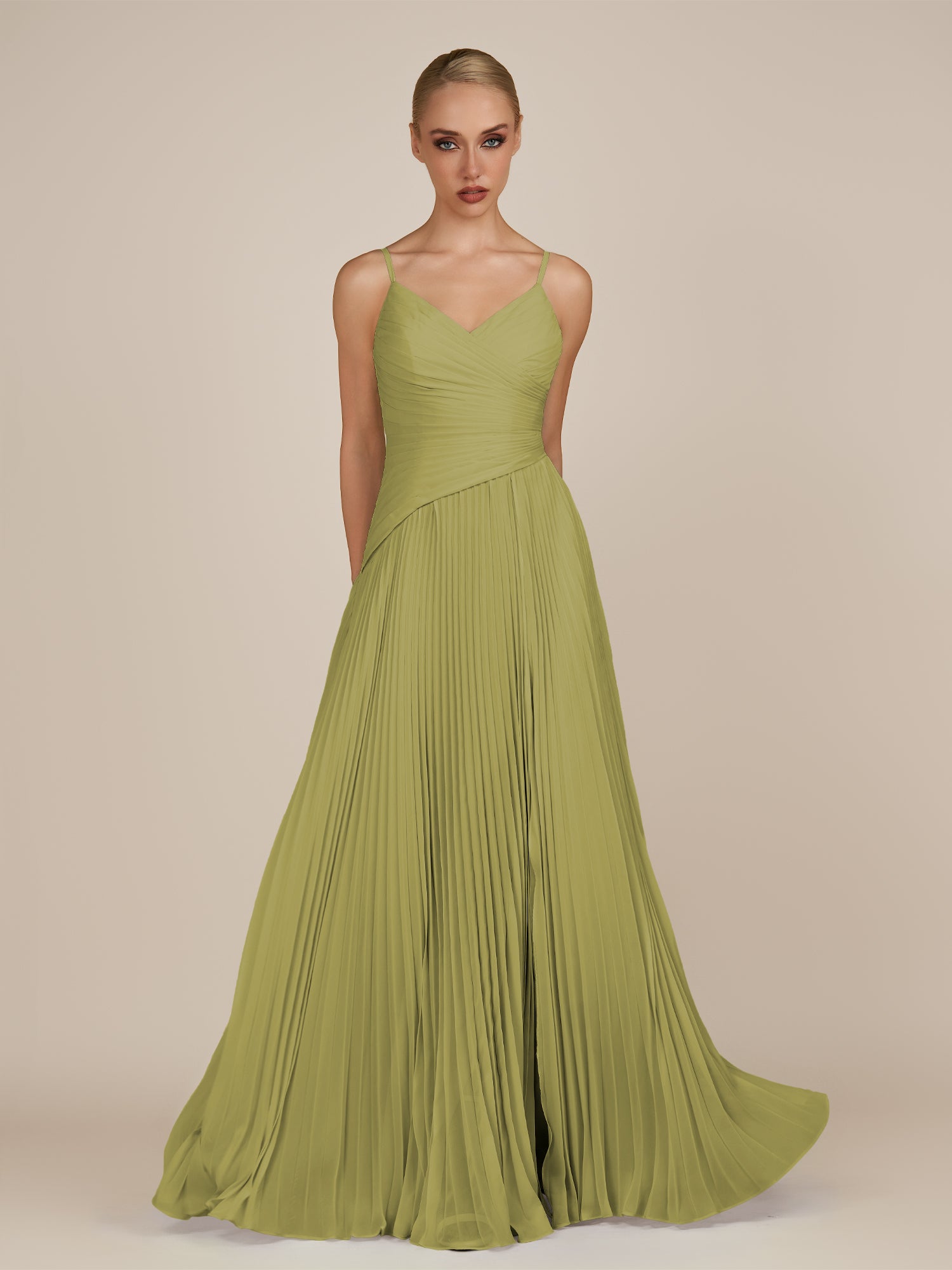 KissDress-Vionnet Moss Green A-Line V Neck Pleated Chiffon Long Bridesmaid Dress with Slit