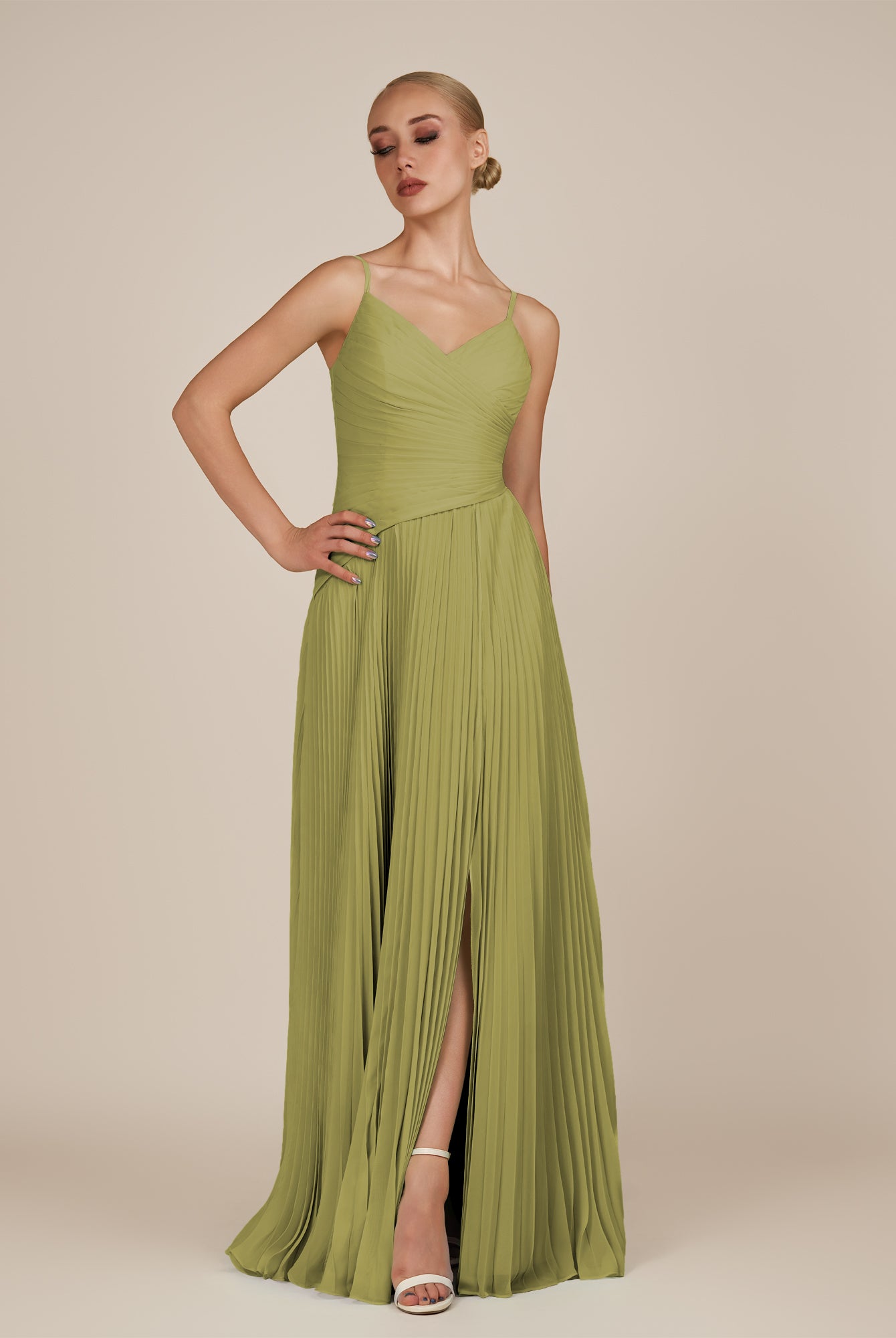 KissDress-Vionnet Moss Green A-Line V Neck Pleated Chiffon Long Bridesmaid Dress with Slit