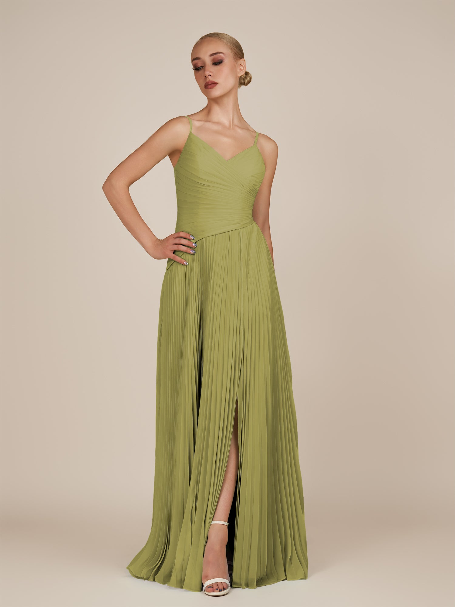 KissDress-Vionnet Moss Green A-Line V Neck Pleated Chiffon Long Bridesmaid Dress with Slit