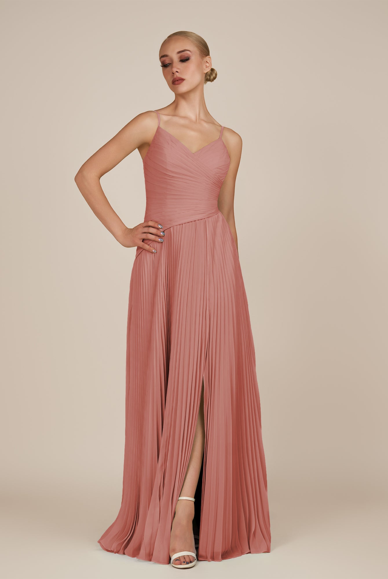 KissDress-Vionnet Mulberry A-Line V Neck Pleated Chiffon Long Bridesmaid Dress with Slit
