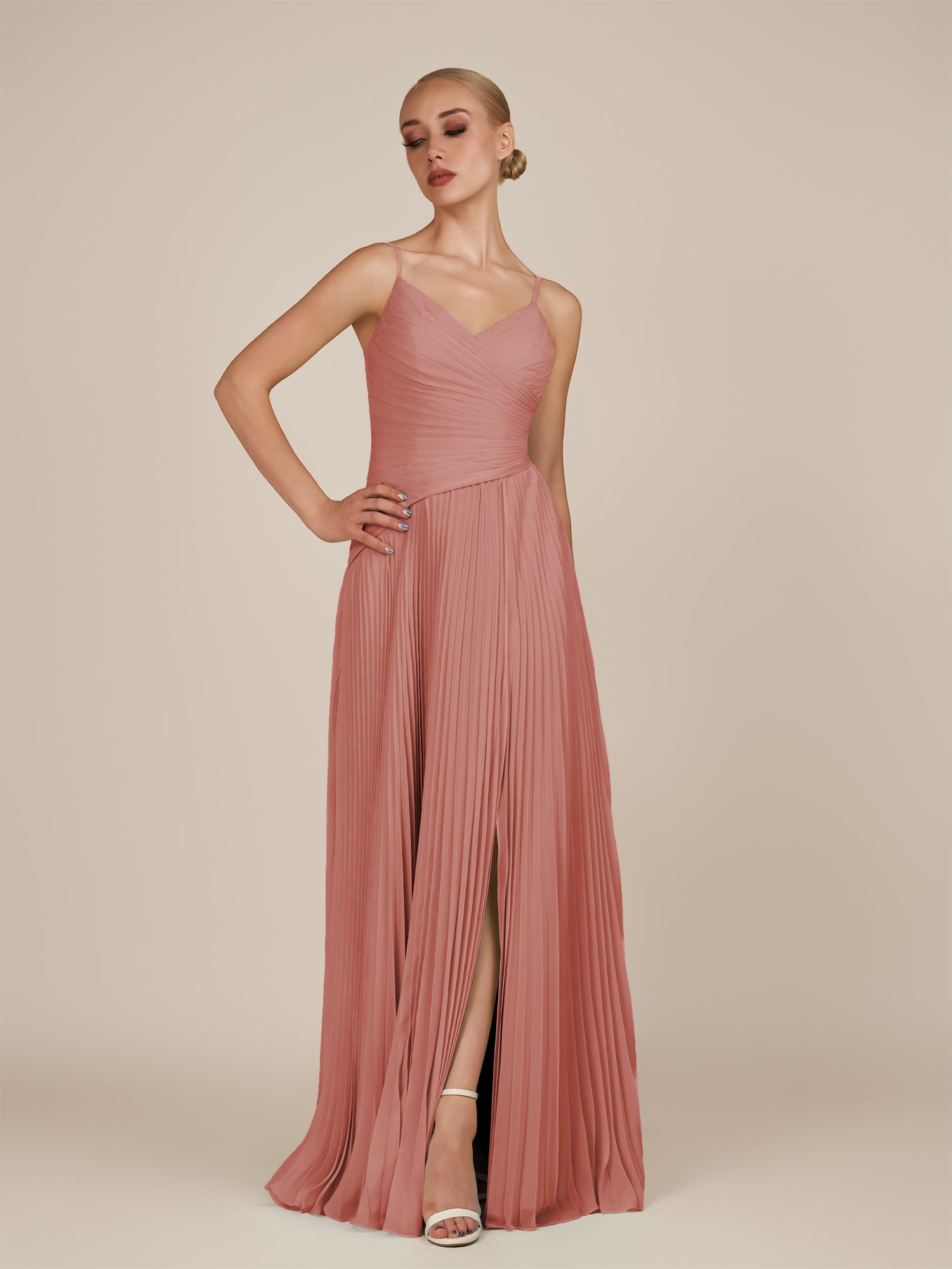 KissDress-Vionnet Mulberry A-Line V Neck Pleated Chiffon Long Bridesmaid Dress with Slit