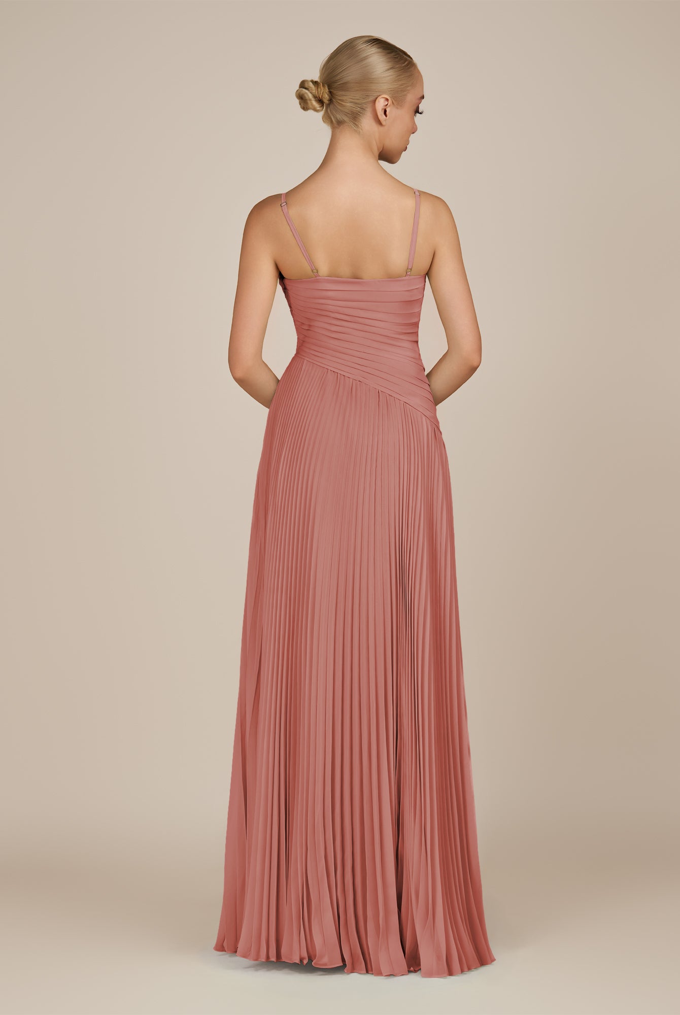 KissDress-Vionnet Mulberry A-Line V Neck Pleated Chiffon Long Bridesmaid Dress with Slit