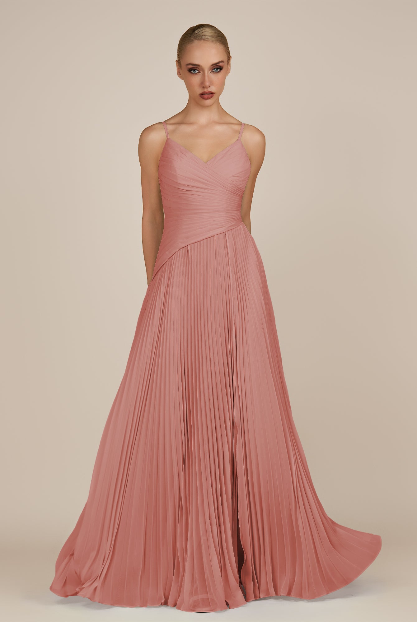 KissDress-Vionnet Mulberry A-Line V Neck Pleated Chiffon Long Bridesmaid Dress with Slit