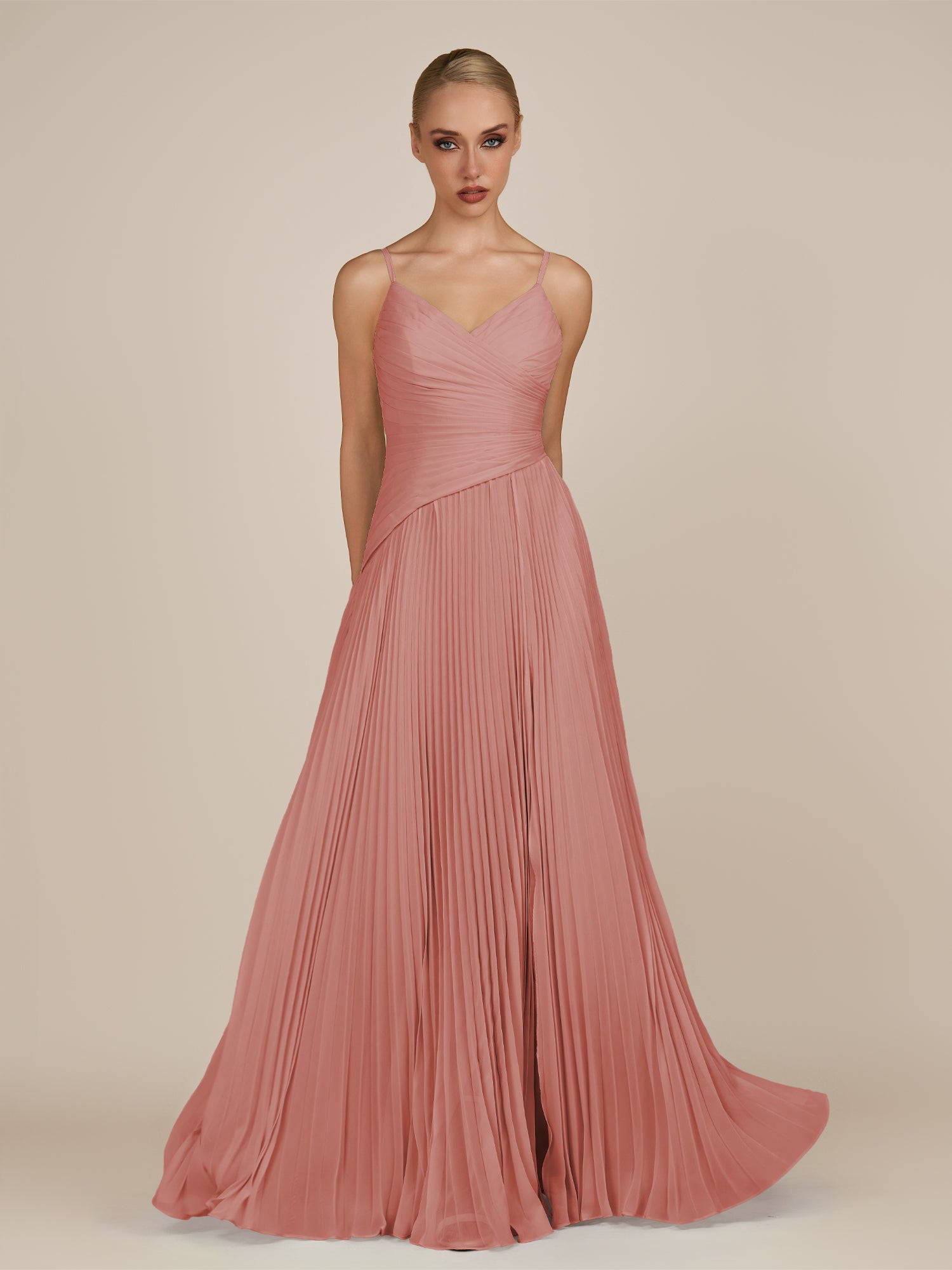 KissDress-Vionnet Mulberry A-Line V Neck Pleated Chiffon Long Bridesmaid Dress with Slit