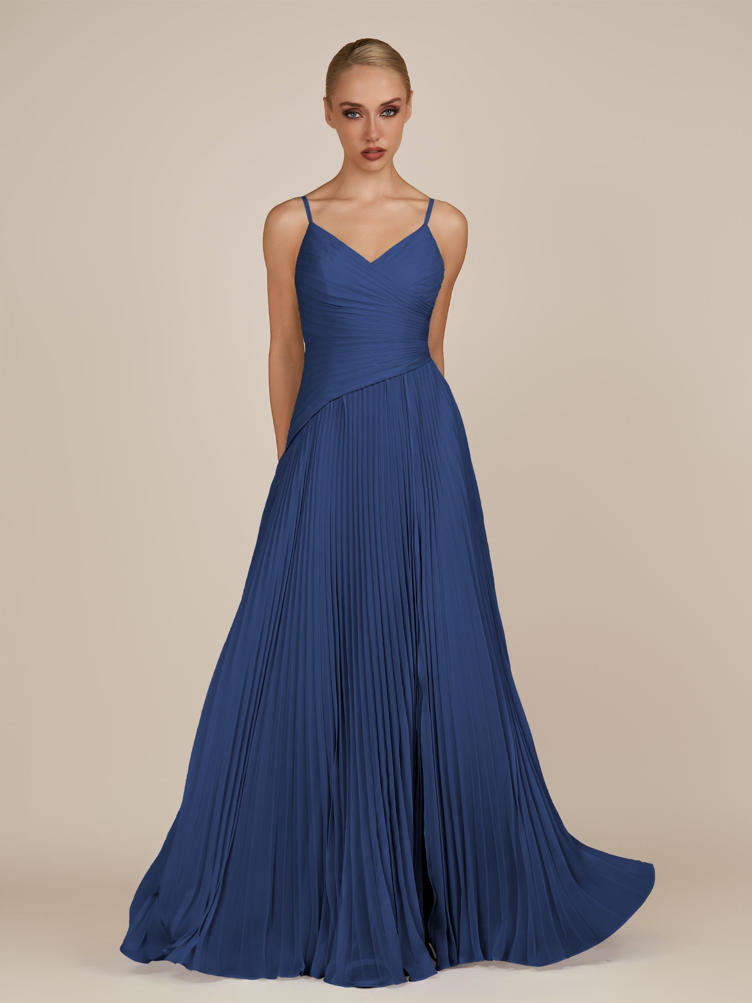 KissDress-Vionnet Navy A-Line V Neck Pleated Chiffon Long Bridesmaid Dress with Slit