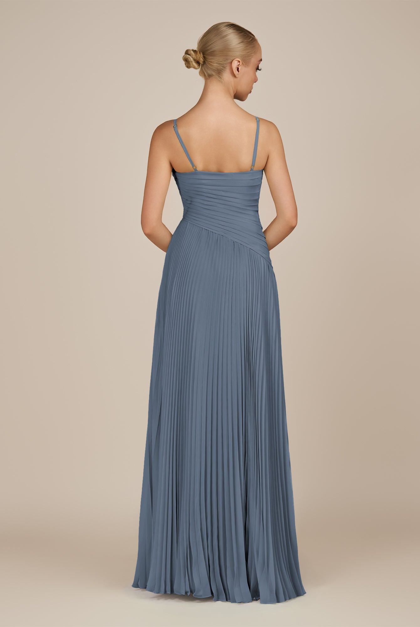 KissDress-Vionnet Neptune A-Line V Neck Pleated Chiffon Long Bridesmaid Dress with Slit