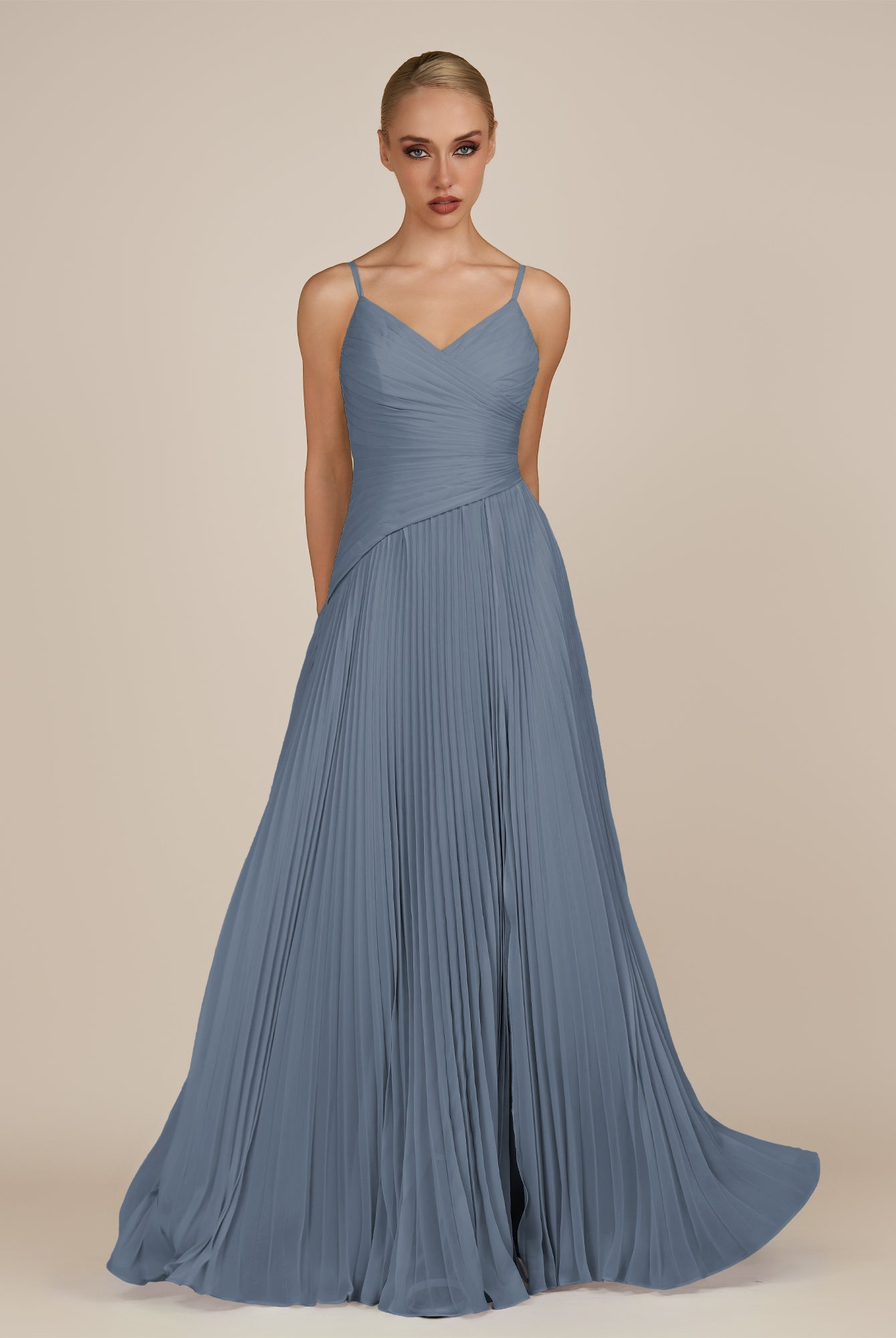 KissDress-Vionnet Neptune A-Line V Neck Pleated Chiffon Long Bridesmaid Dress with Slit