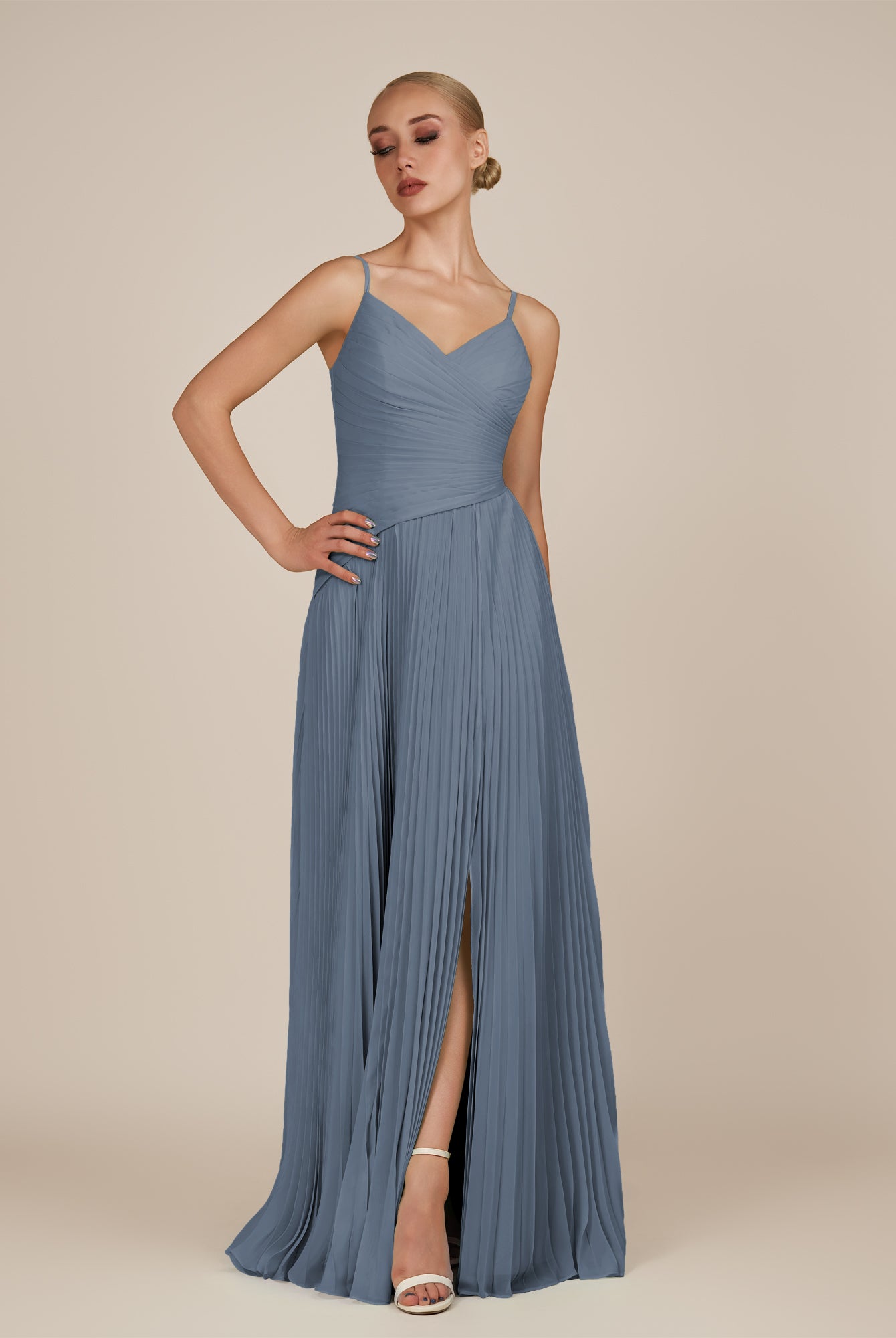 KissDress-Vionnet Neptune A-Line V Neck Pleated Chiffon Long Bridesmaid Dress with Slit