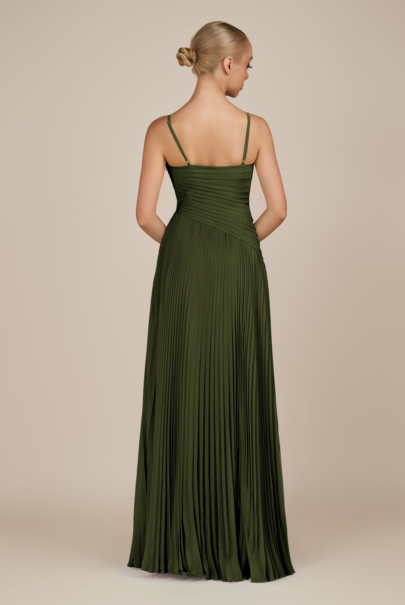 KissDress-Vionnet Olive A-Line V Neck Pleated Chiffon Long Bridesmaid Dress with Slit