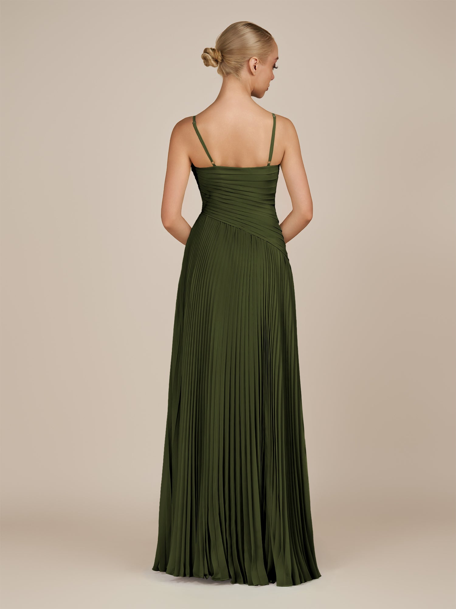 KissDress-Vionnet Olive A-Line V Neck Pleated Chiffon Long Bridesmaid Dress with Slit