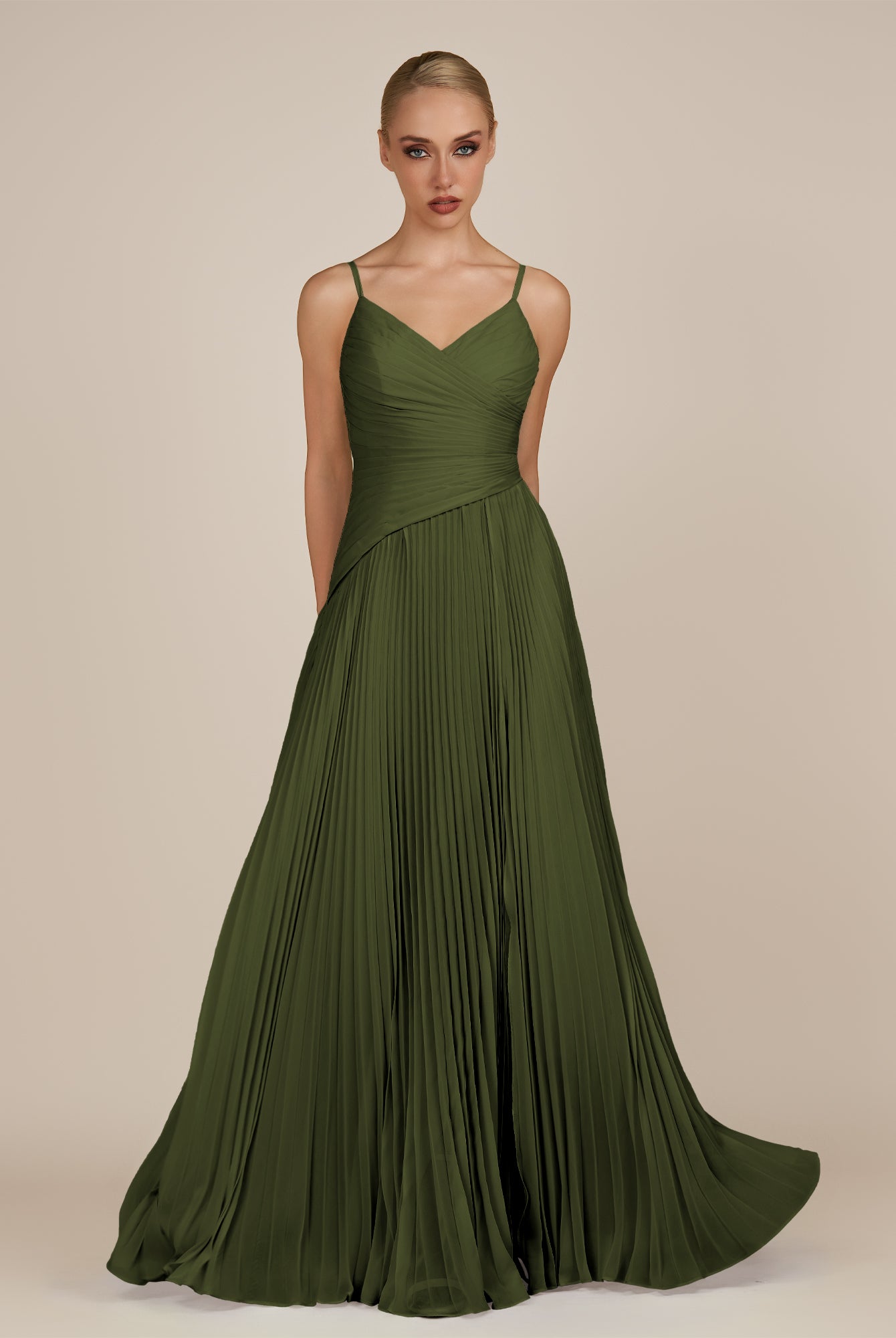 KissDress-Vionnet Olive A-Line V Neck Pleated Chiffon Long Bridesmaid Dress with Slit