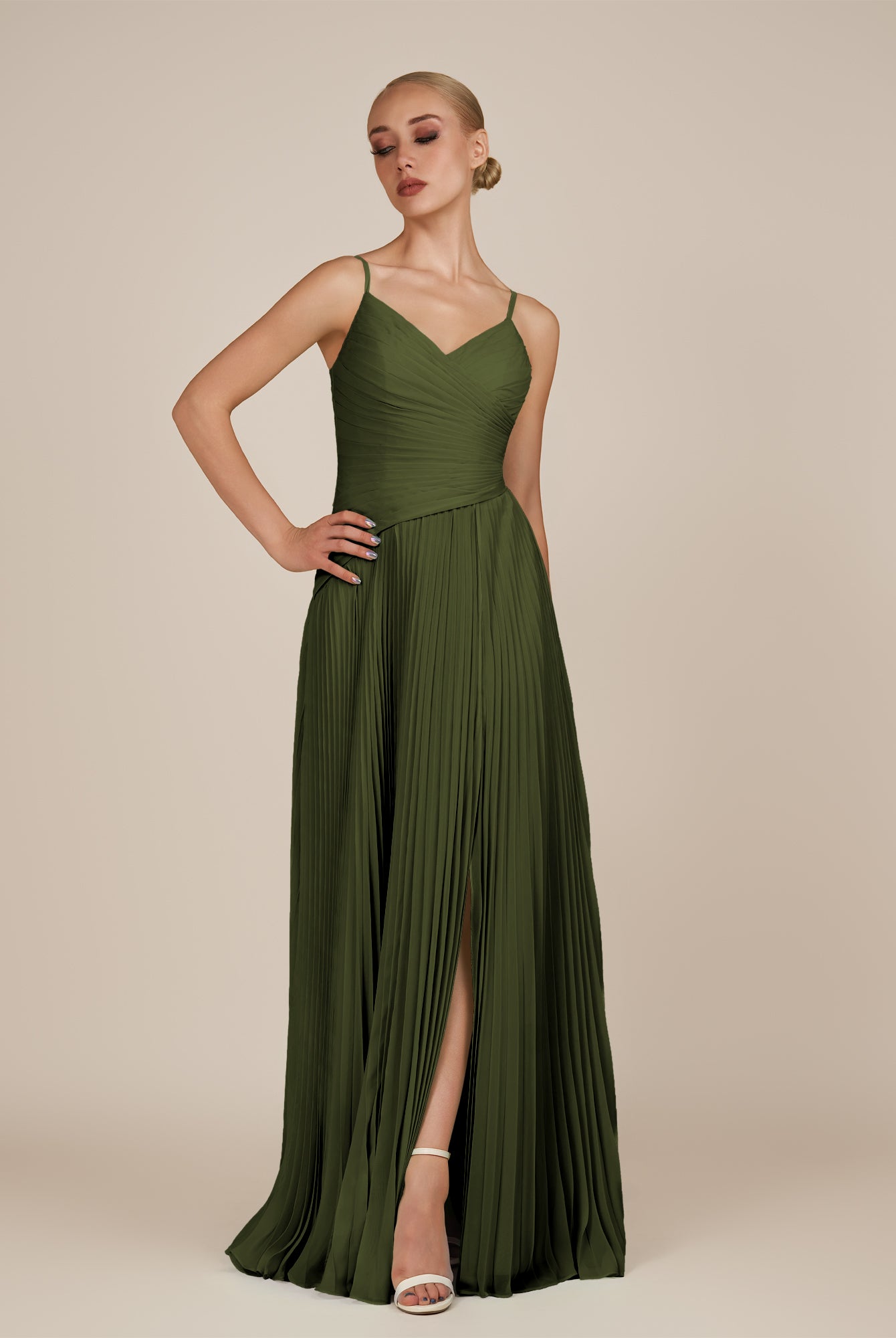 KissDress-Vionnet Olive A-Line V Neck Pleated Chiffon Long Bridesmaid Dress with Slit