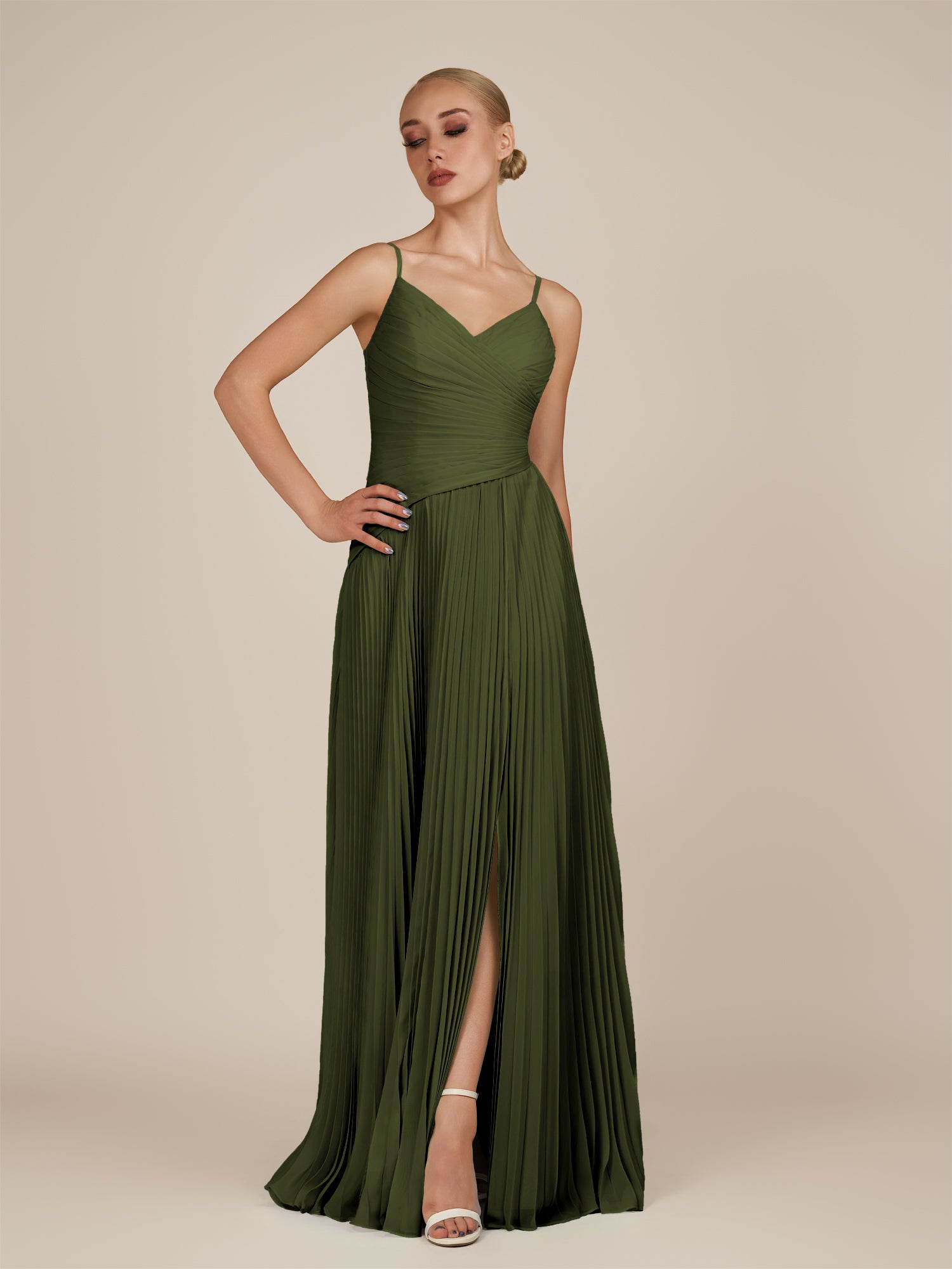 KissDress-Vionnet Olive A-Line V Neck Pleated Chiffon Long Bridesmaid Dress with Slit