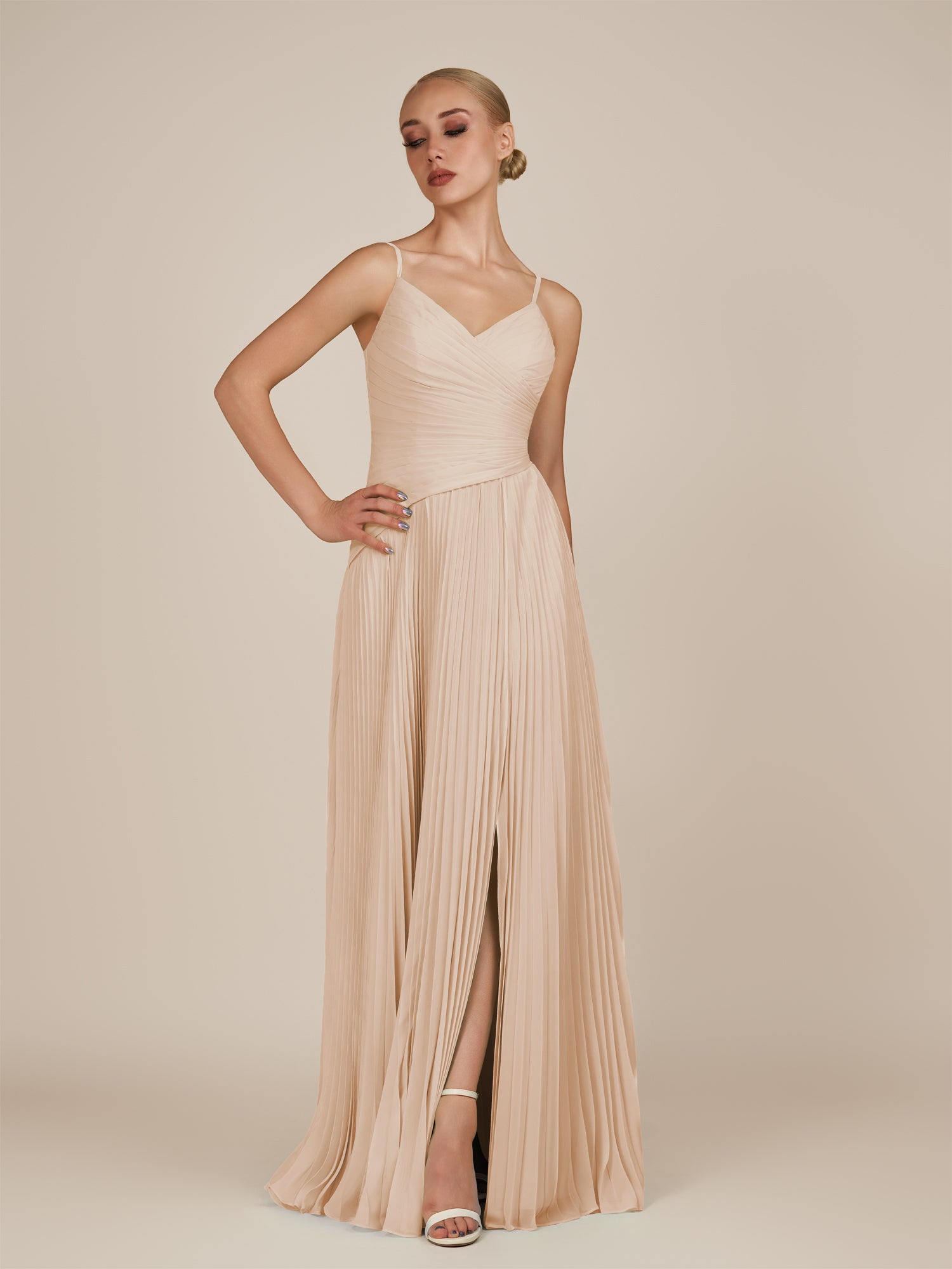 KissDress-Vionnet Pale Blush A-Line V Neck Pleated Chiffon Long Bridesmaid Dress with Slit