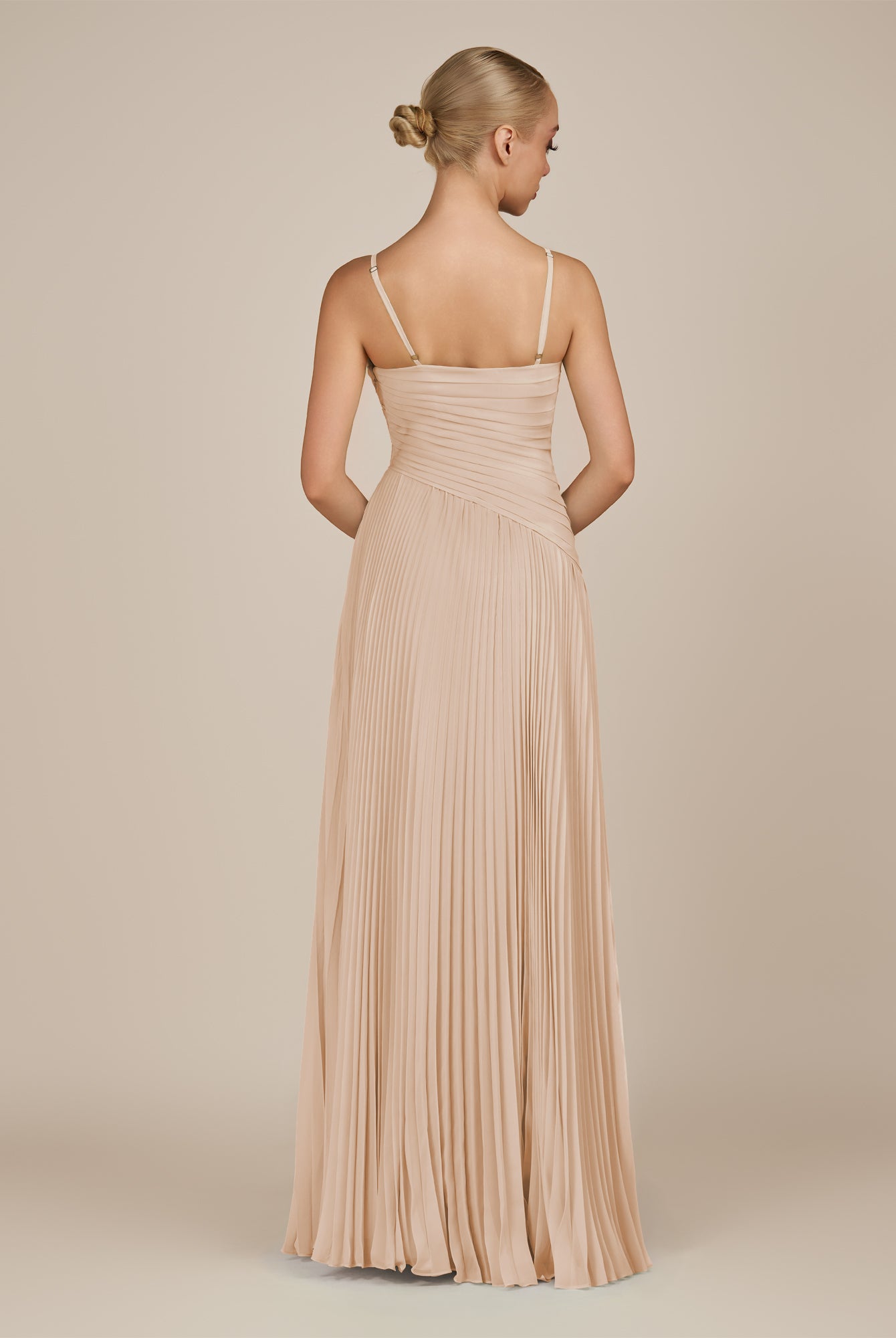 KissDress-Vionnet Pale Blush A-Line V Neck Pleated Chiffon Long Bridesmaid Dress with Slit