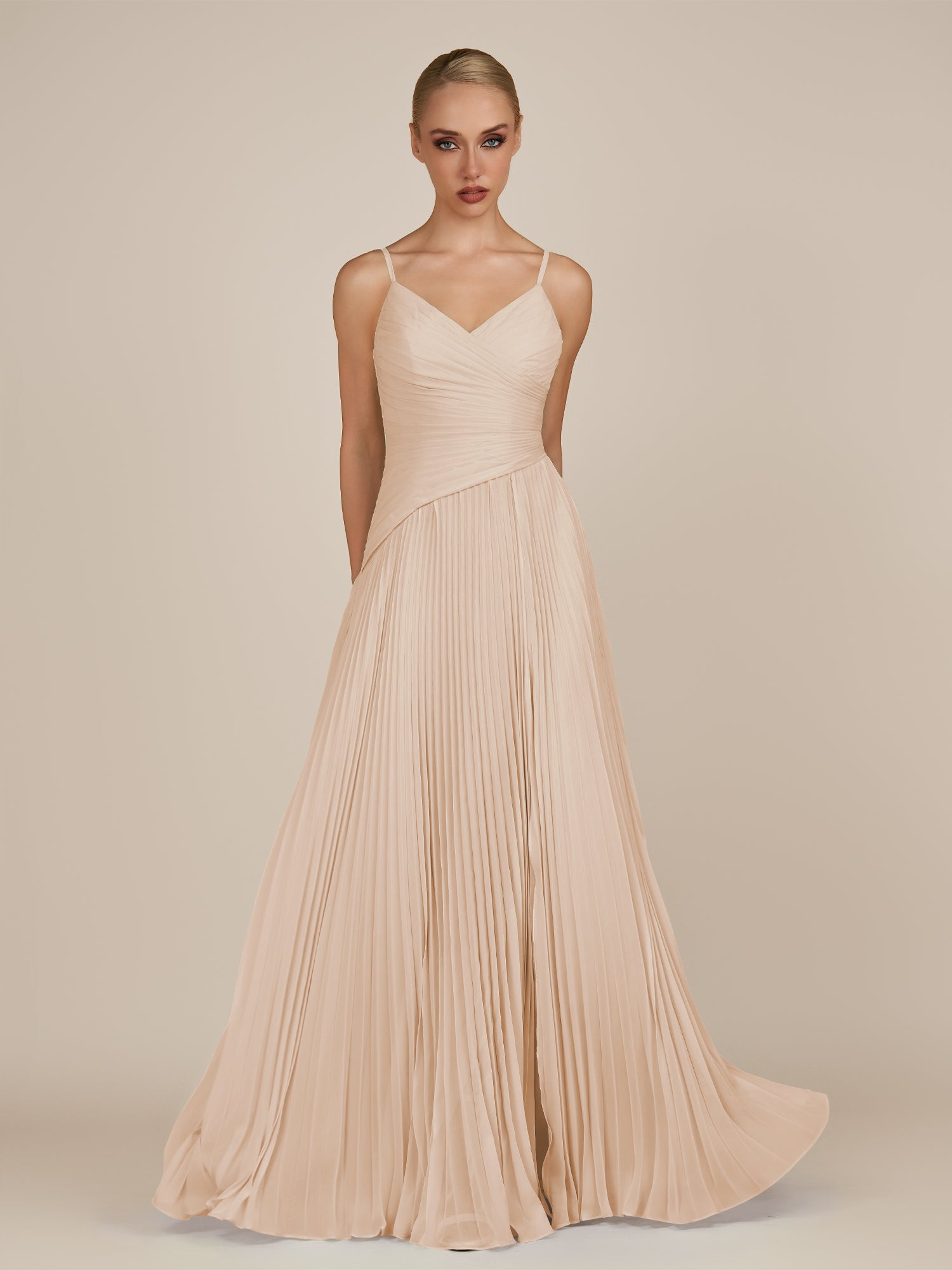 KissDress-Vionnet Pale Blush A-Line V Neck Pleated Chiffon Long Bridesmaid Dress with Slit