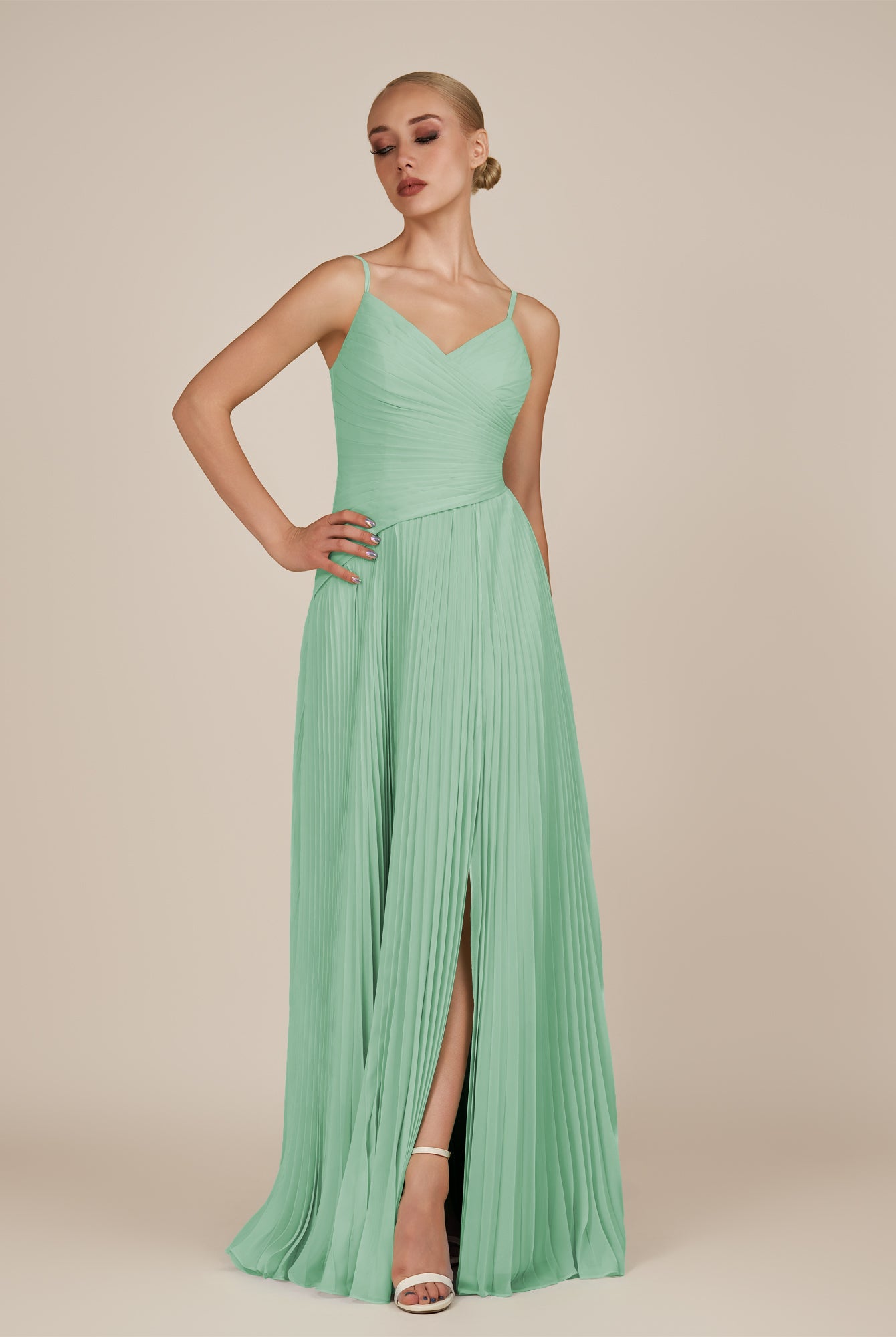 KissDress-Vionnet Pale Pistachio A-Line V Neck Pleated Chiffon Long Bridesmaid Dress with Slit