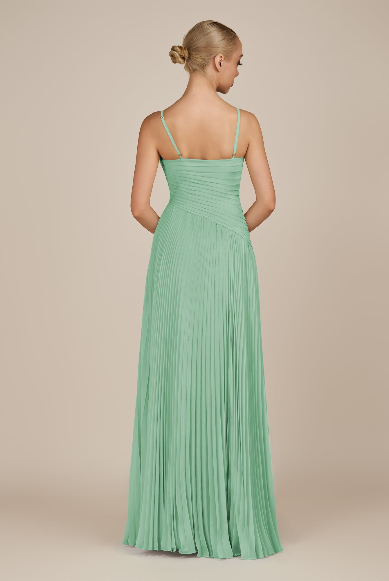 KissDress-Vionnet Pale Pistachio A-Line V Neck Pleated Chiffon Long Bridesmaid Dress with Slit