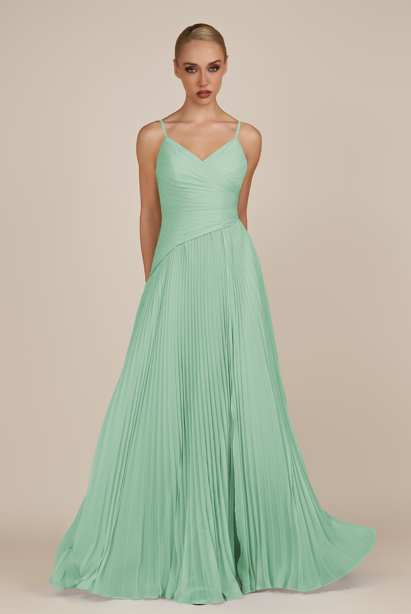 KissDress-Vionnet Pale Pistachio A-Line V Neck Pleated Chiffon Long Bridesmaid Dress with Slit