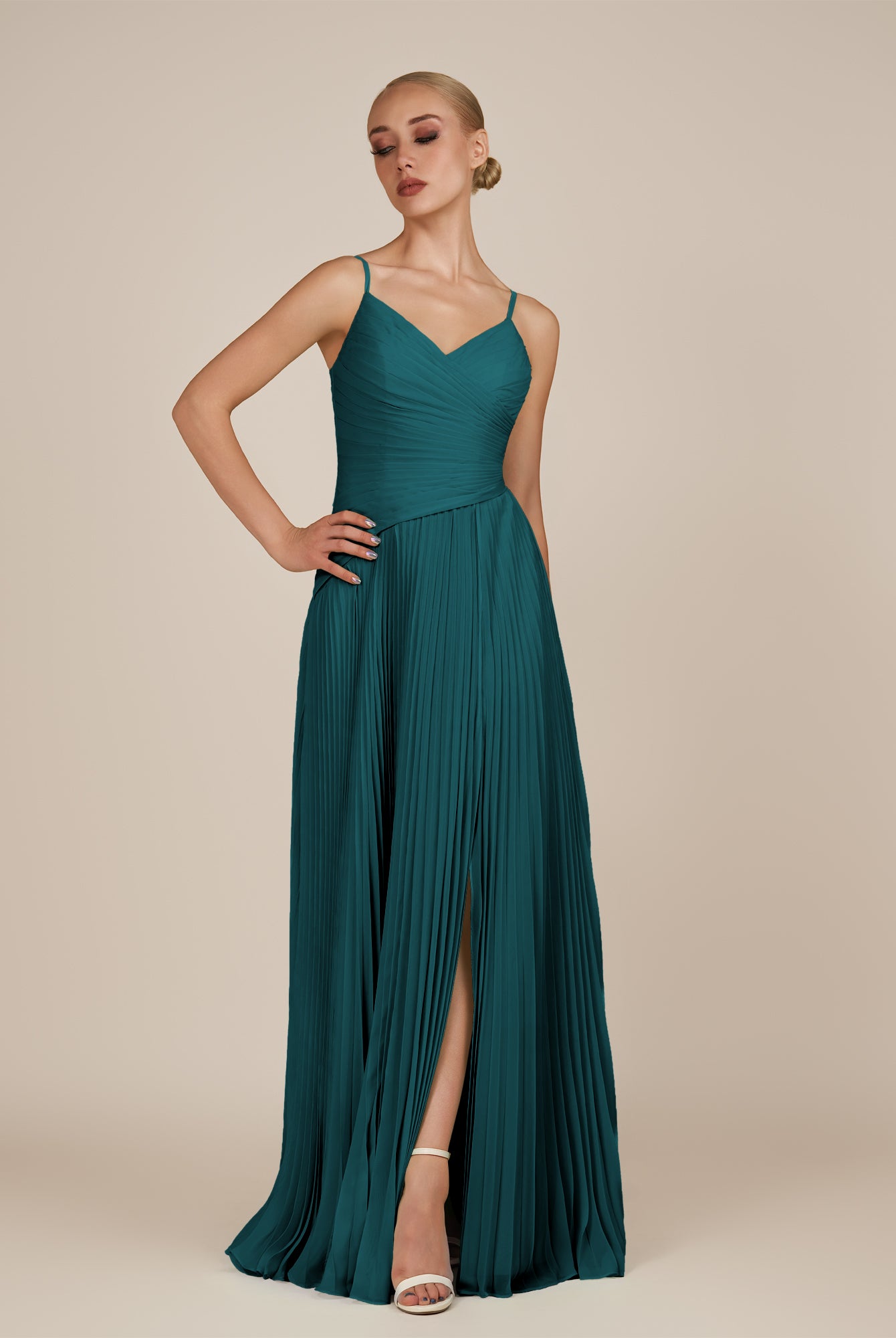 KissDress-Vionnet Pine A-Line V Neck Pleated Chiffon Long Bridesmaid Dress with Slit