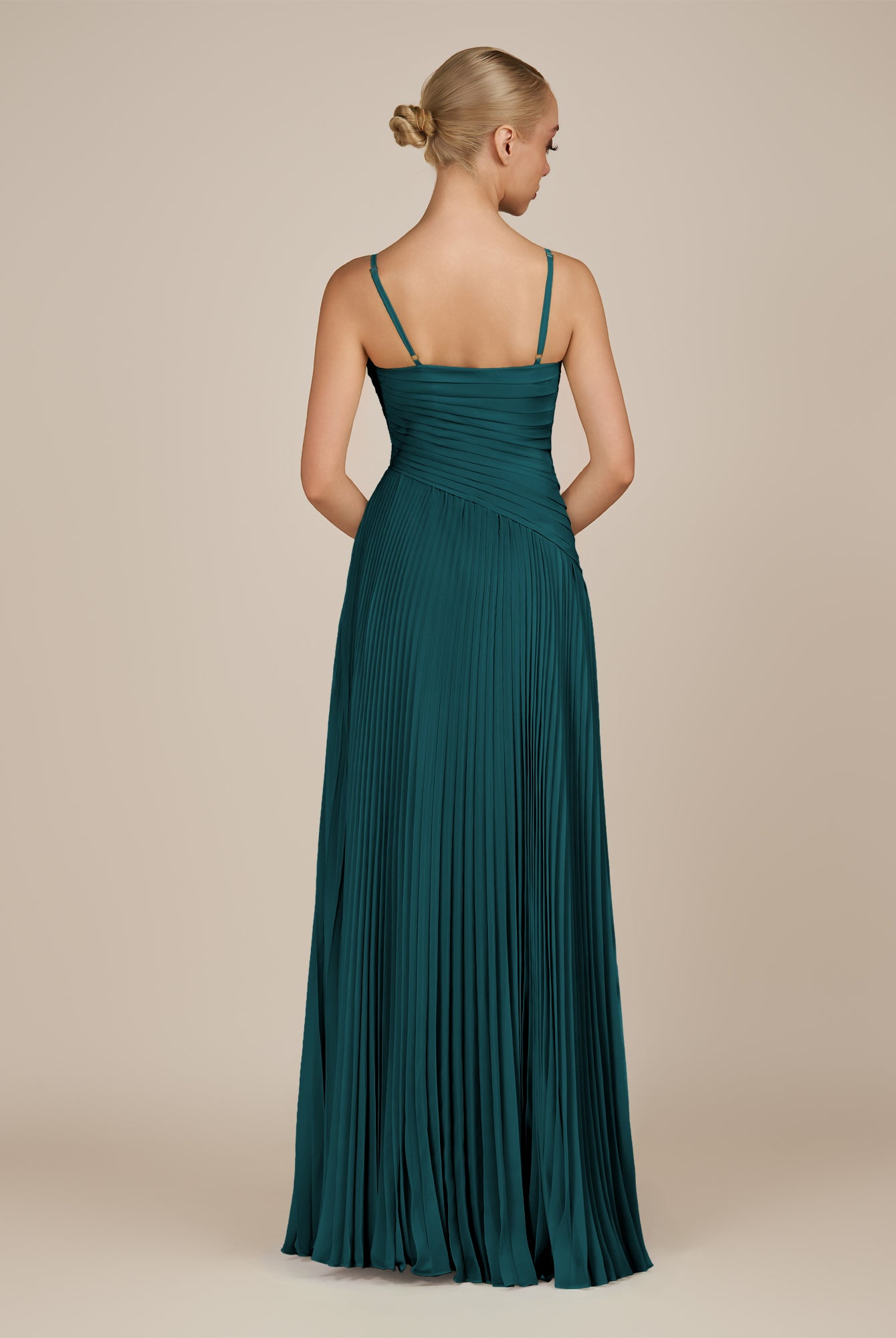 KissDress-Vionnet Pine A-Line V Neck Pleated Chiffon Long Bridesmaid Dress with Slit