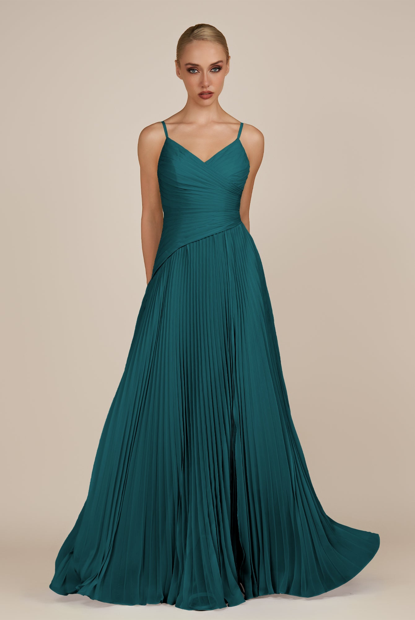 KissDress-Vionnet Pine A-Line V Neck Pleated Chiffon Long Bridesmaid Dress with Slit