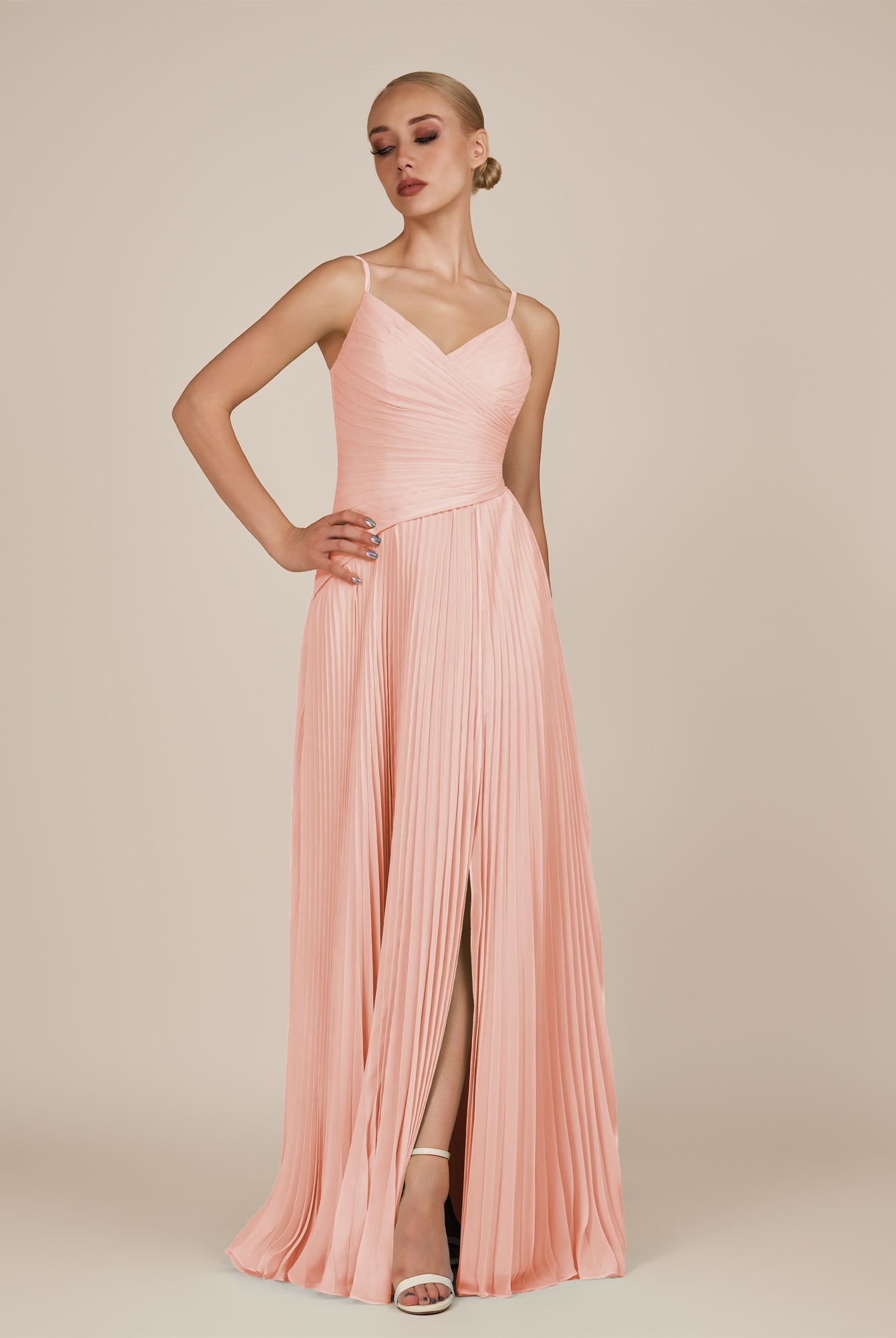 KissDress-Vionnet Rose Petal A-Line V Neck Pleated Chiffon Long Bridesmaid Dress with Slit