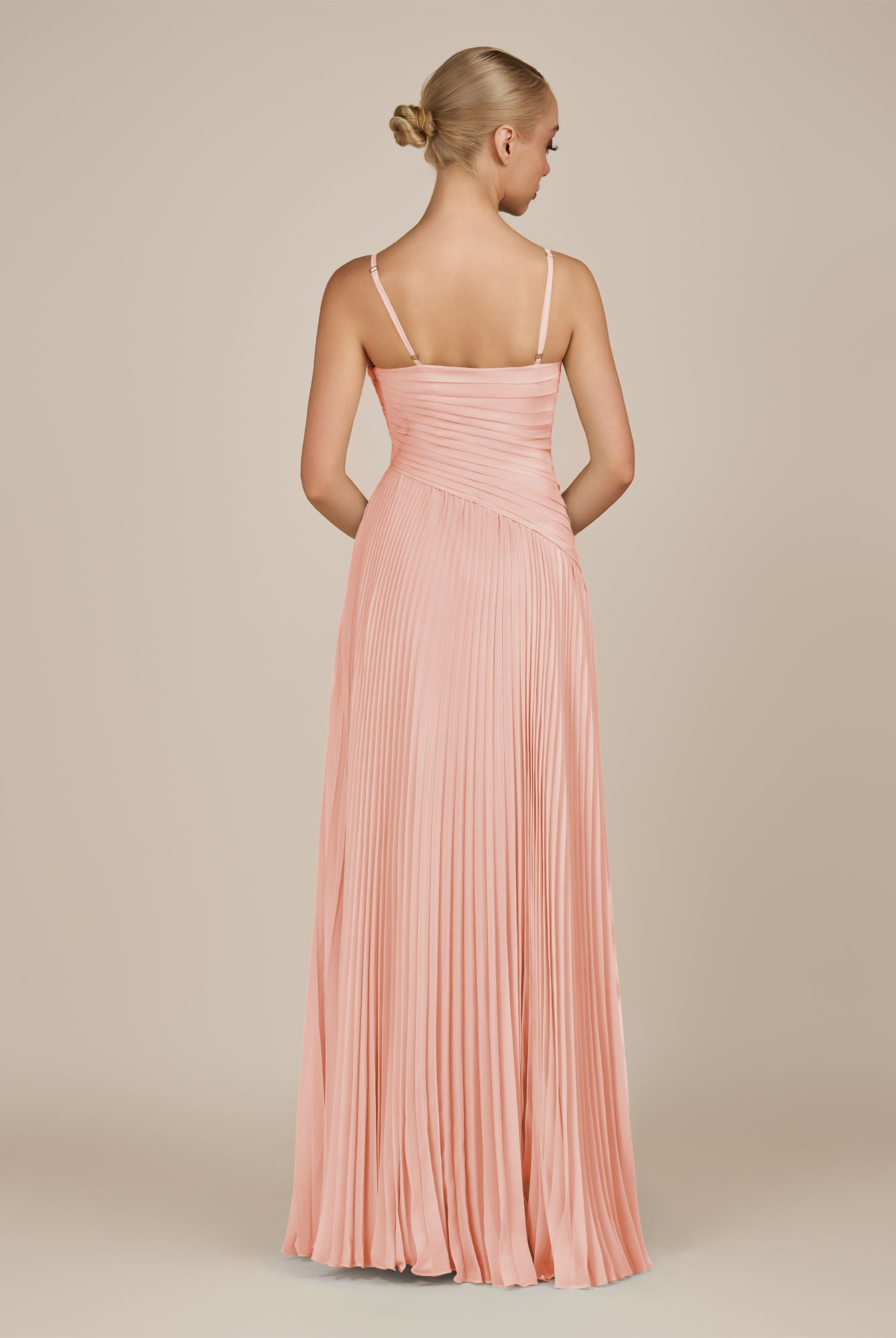 KissDress-Vionnet Rose Petal A-Line V Neck Pleated Chiffon Long Bridesmaid Dress with Slit