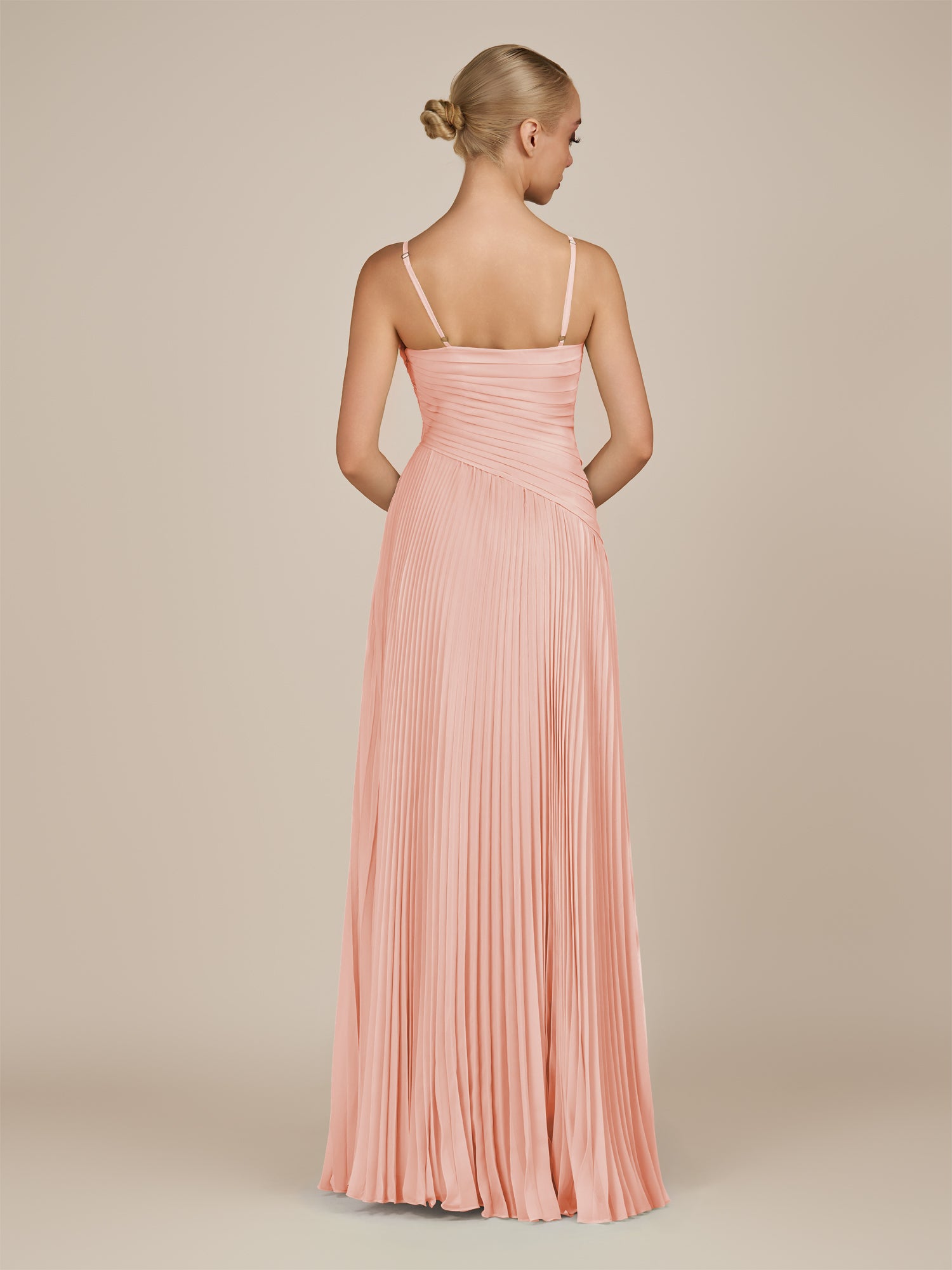 KissDress-Vionnet Rose Petal A-Line V Neck Pleated Chiffon Long Bridesmaid Dress with Slit