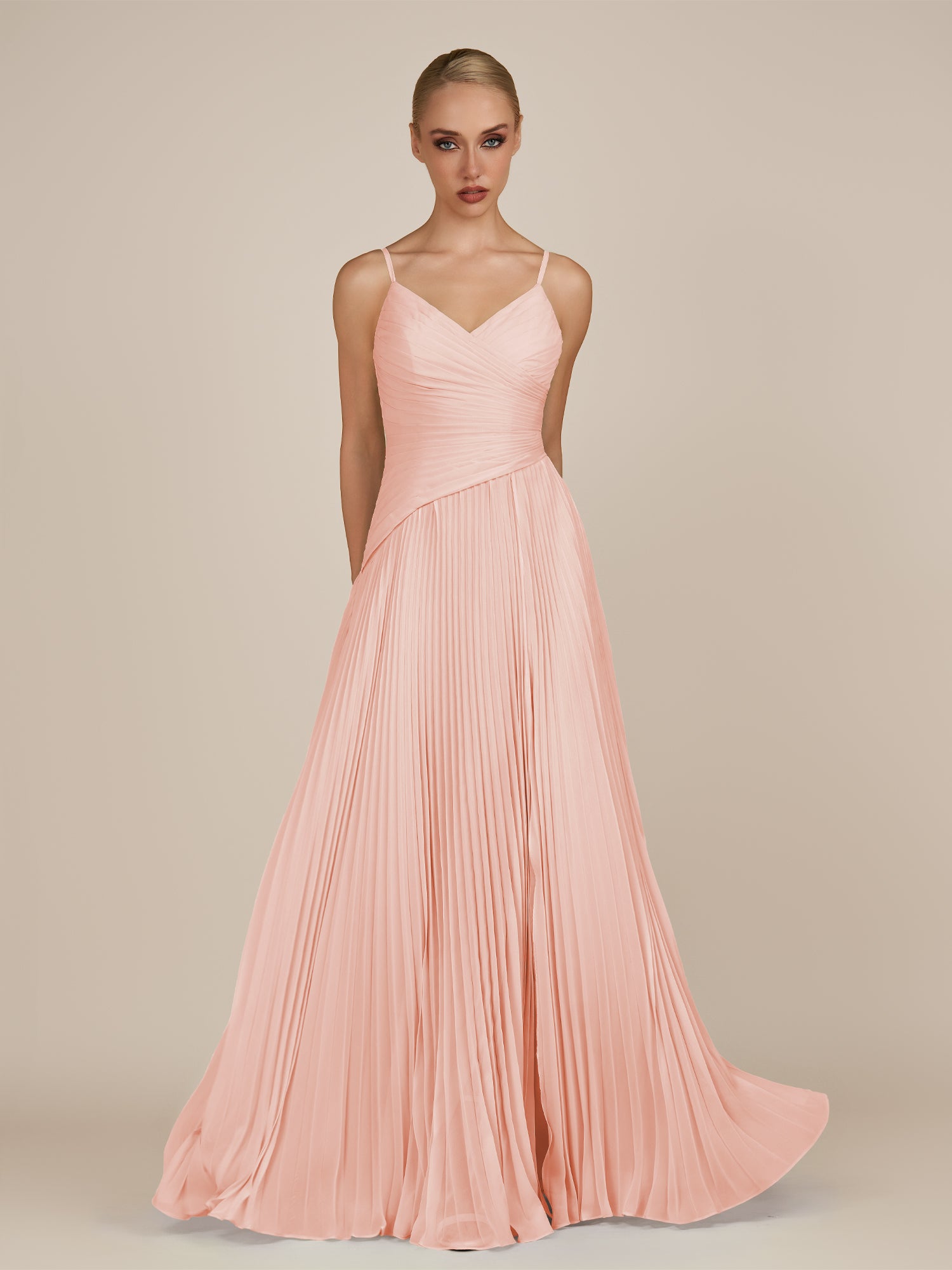 KissDress-Vionnet Rose Petal A-Line V Neck Pleated Chiffon Long Bridesmaid Dress with Slit