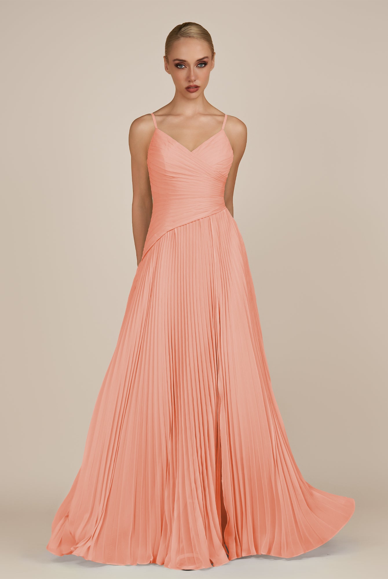 KissDress-Vionnet Rosette A-Line V Neck Pleated Chiffon Long Bridesmaid Dress with Slit