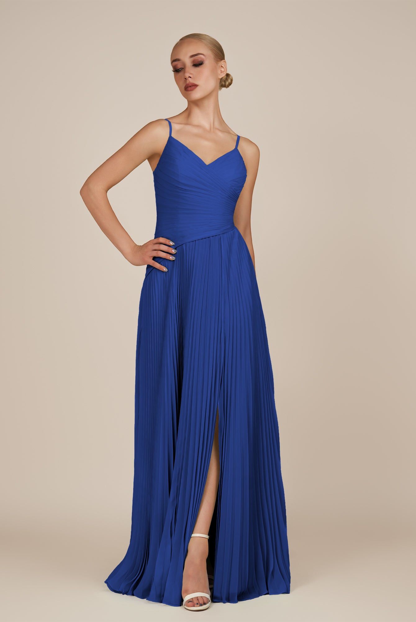 KissDress-Vionnet Royal Blue A-Line V Neck Pleated Chiffon Long Bridesmaid Dress with Slit