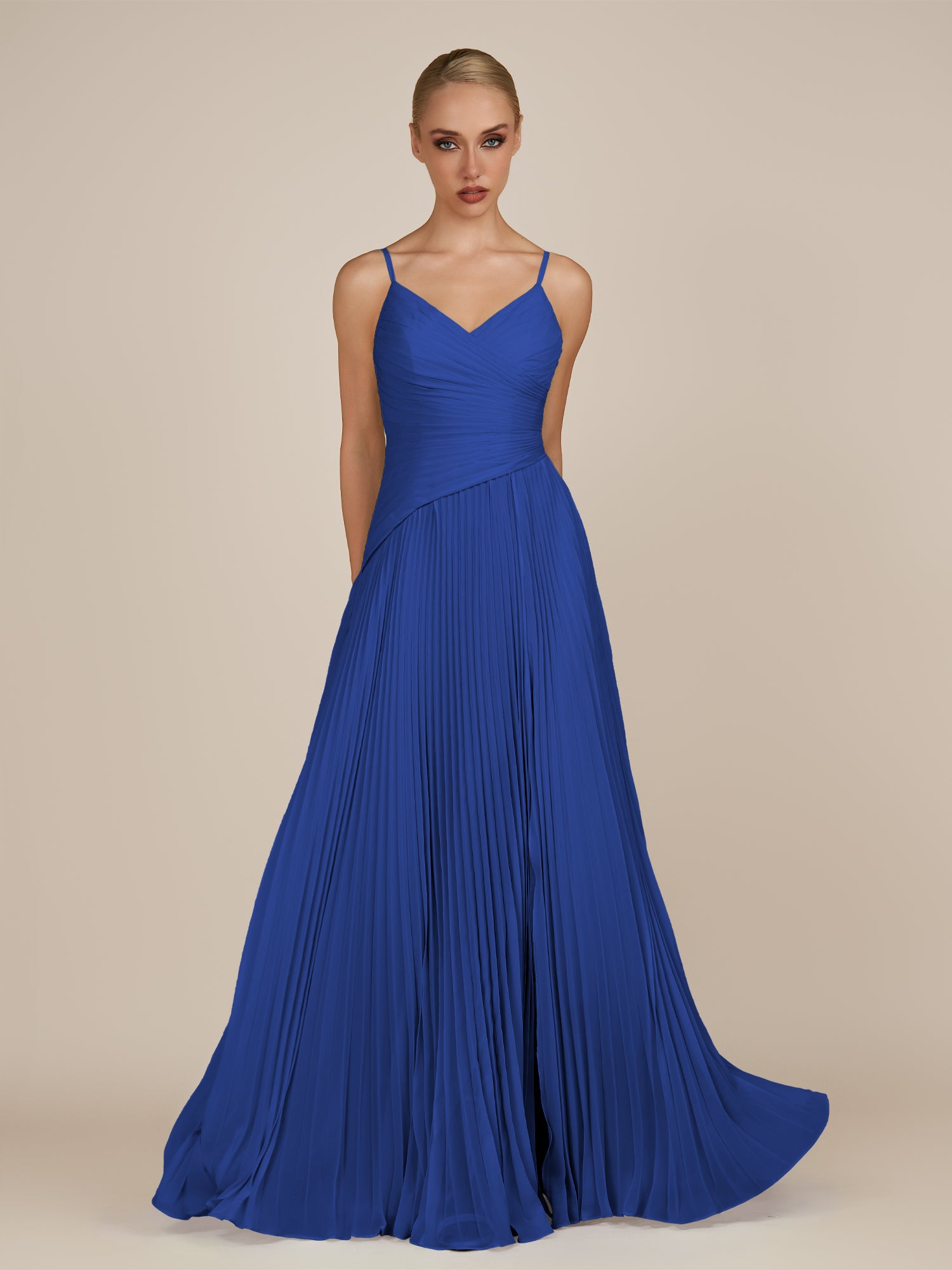 KissDress-Vionnet Royal Blue A-Line V Neck Pleated Chiffon Long Bridesmaid Dress with Slit