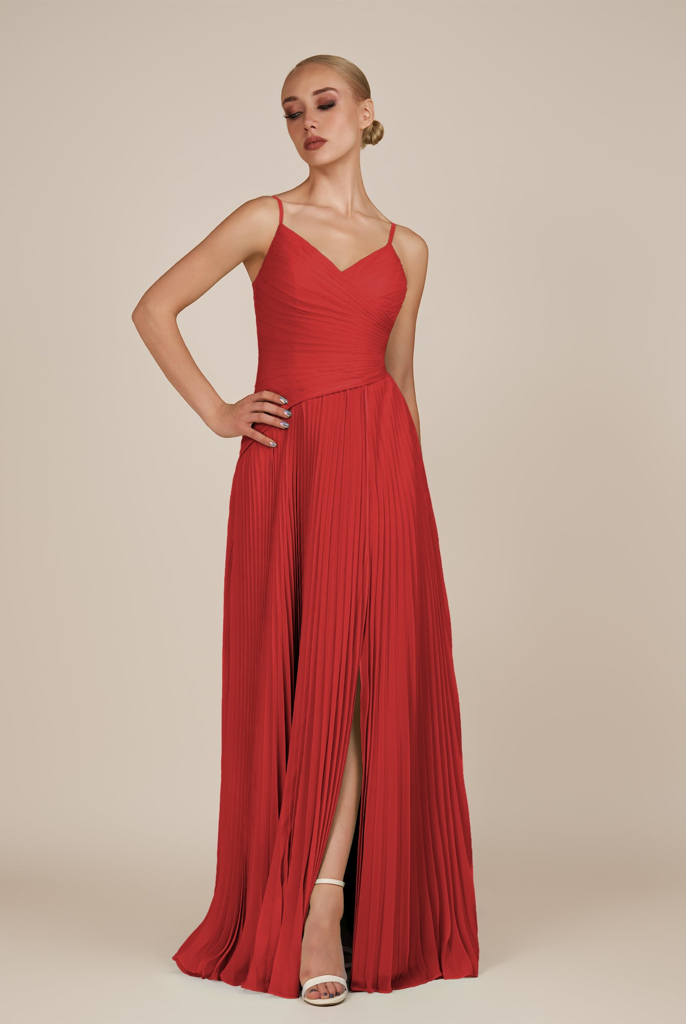 KissDress-Vionnet Ruby Red A-Line V Neck Pleated Chiffon Long Bridesmaid Dress with Slit