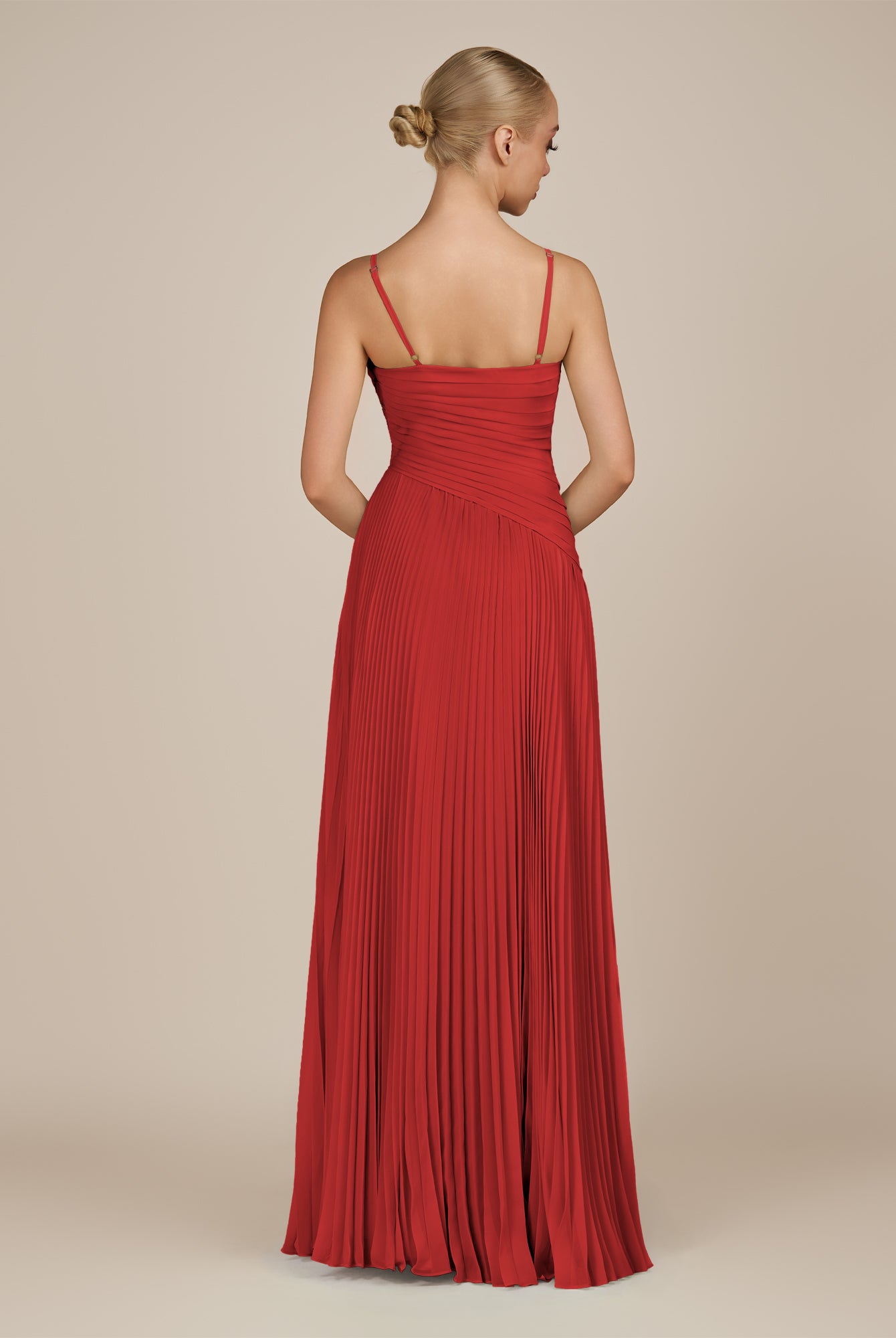 KissDress-Vionnet Ruby Red A-Line V Neck Pleated Chiffon Long Bridesmaid Dress with Slit