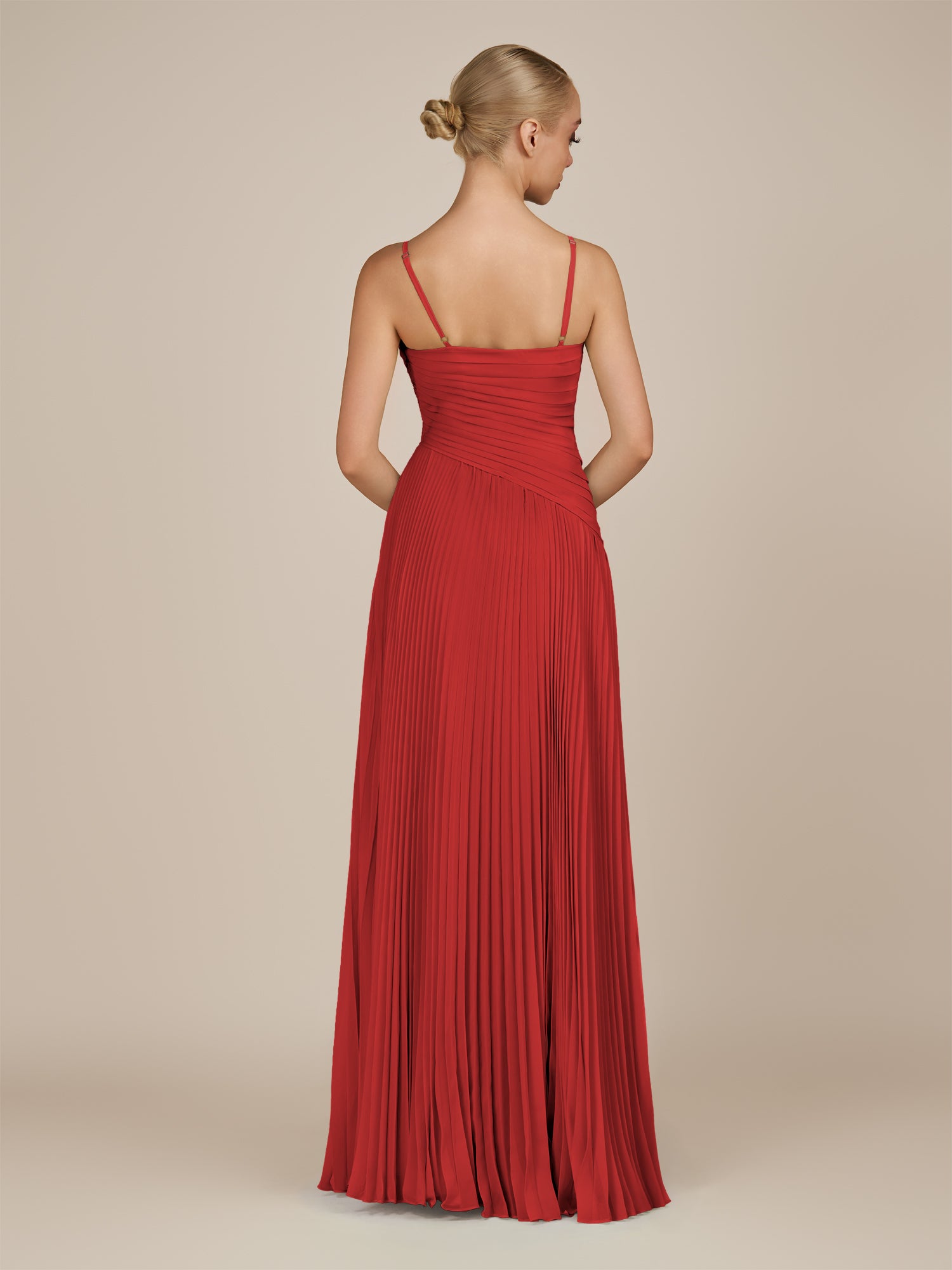 KissDress-Vionnet Ruby Red A-Line V Neck Pleated Chiffon Long Bridesmaid Dress with Slit