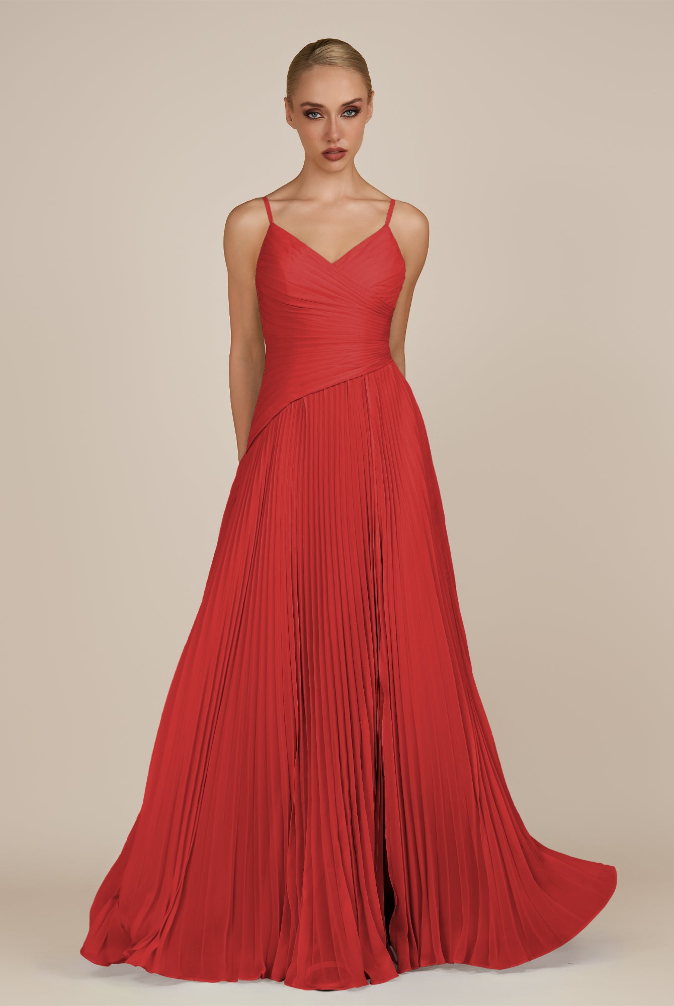 KissDress-Vionnet Ruby Red A-Line V Neck Pleated Chiffon Long Bridesmaid Dress with Slit
