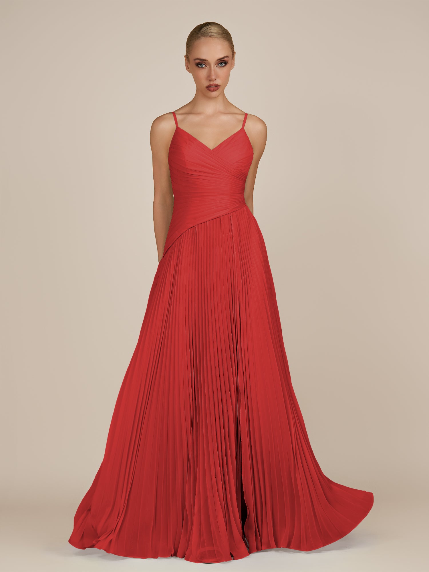 KissDress-Vionnet Ruby Red A-Line V Neck Pleated Chiffon Long Bridesmaid Dress with Slit
