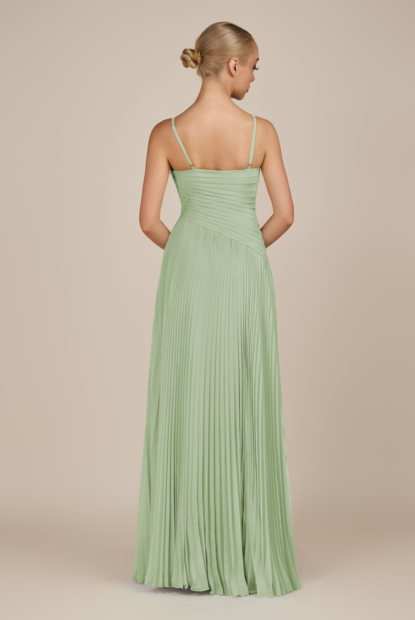 KissDress-Vionnet Sage A-Line V Neck Pleated Chiffon Long Bridesmaid Dress with Slit
