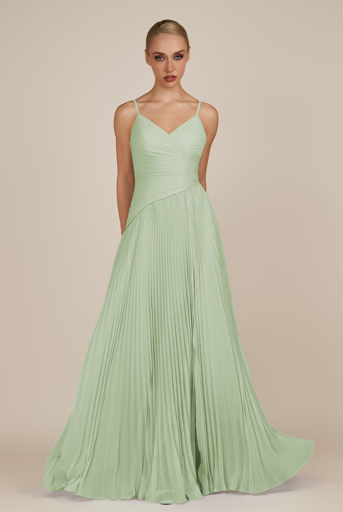 KissDress-Vionnet Sage A-Line V Neck Pleated Chiffon Long Bridesmaid Dress with Slit