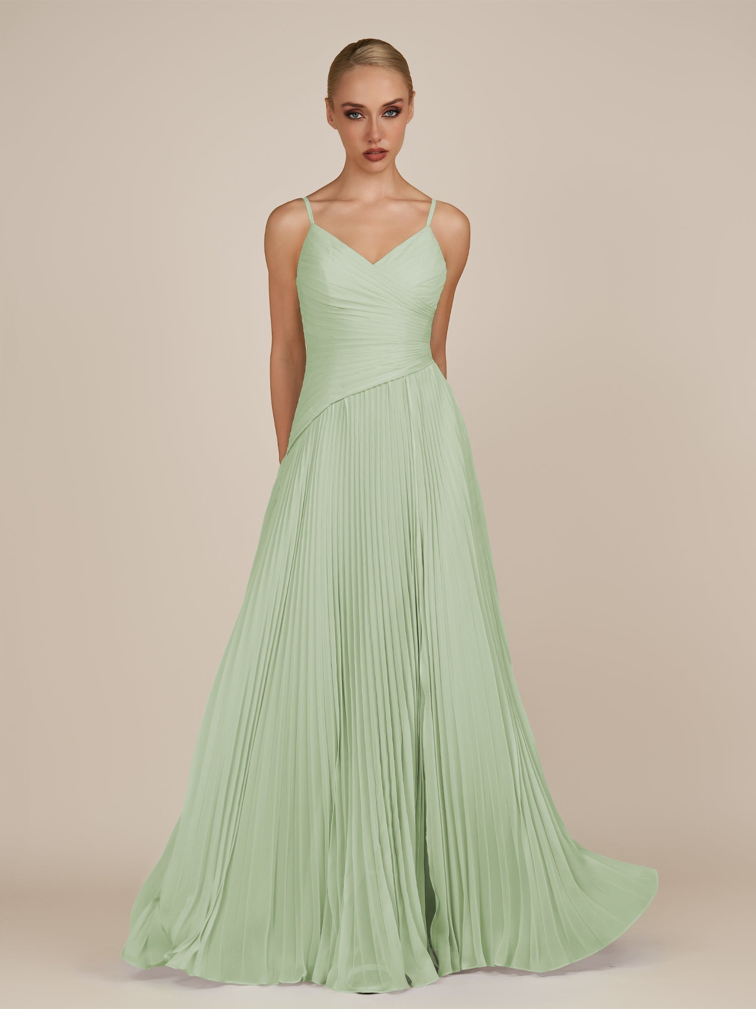 KissDress-Vionnet Sage A-Line V Neck Pleated Chiffon Long Bridesmaid Dress with Slit
