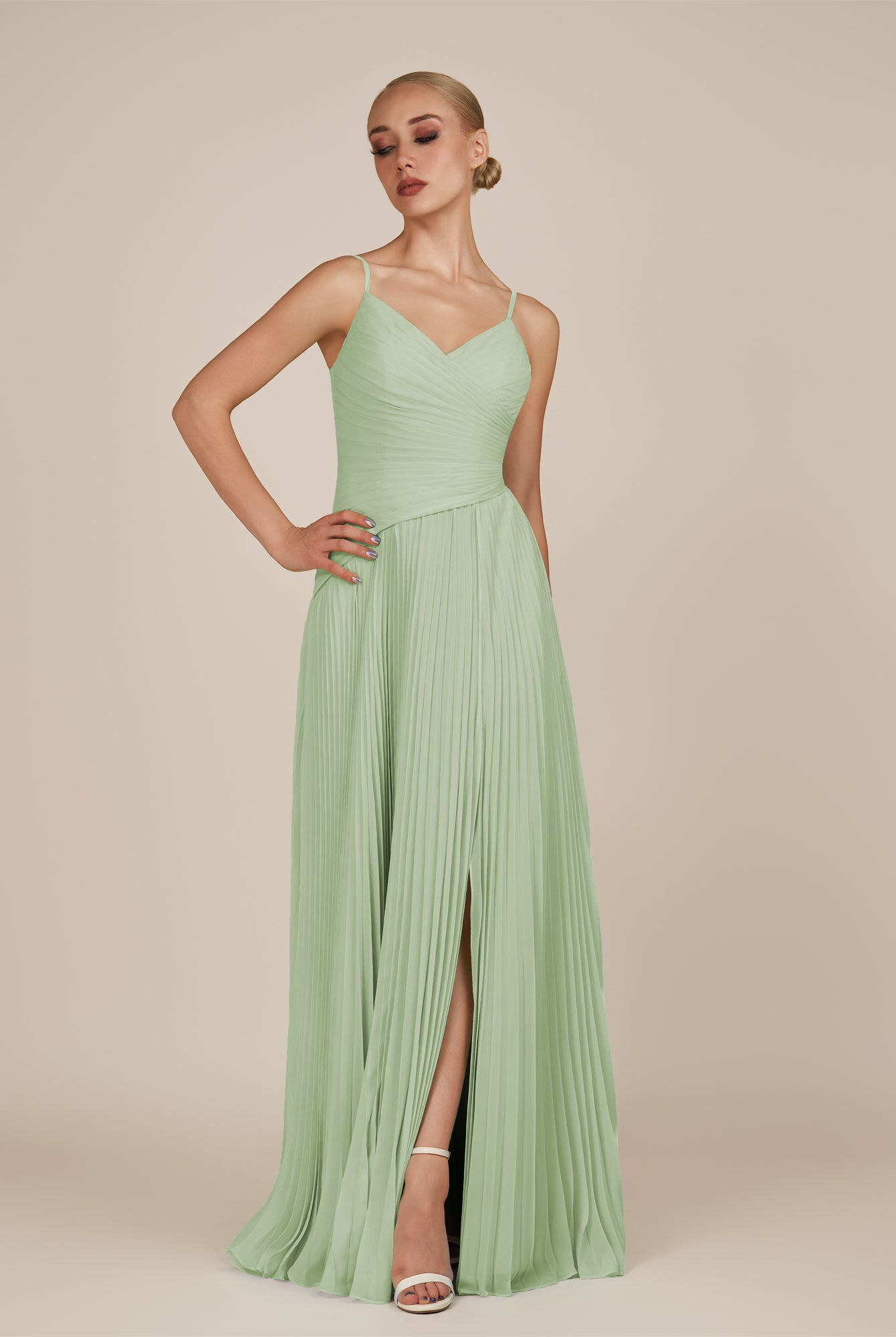 KissDress-Vionnet Sage A-Line V Neck Pleated Chiffon Long Bridesmaid Dress with Slit