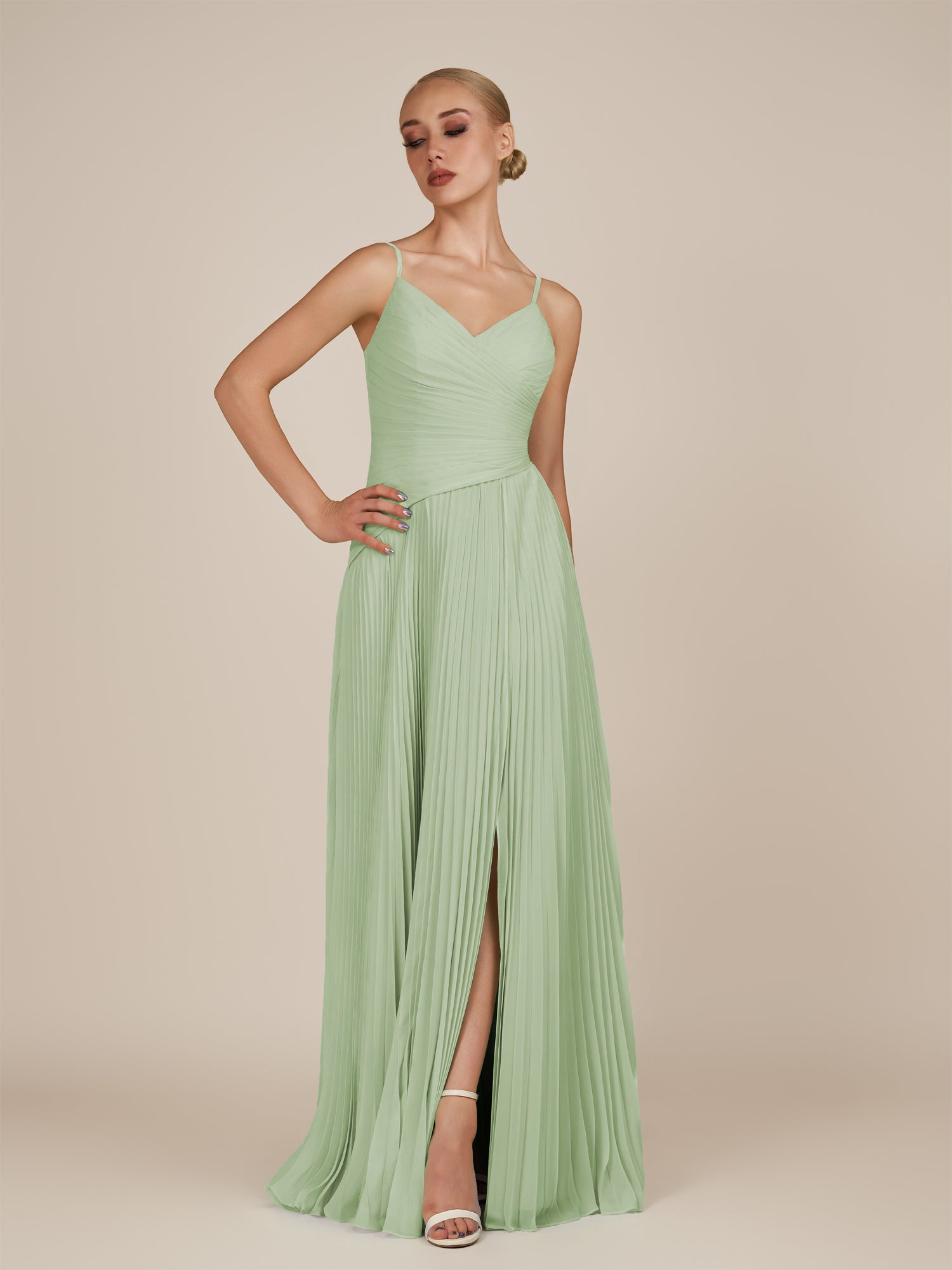 KissDress-Vionnet Sage A-Line V Neck Pleated Chiffon Long Bridesmaid Dress with Slit