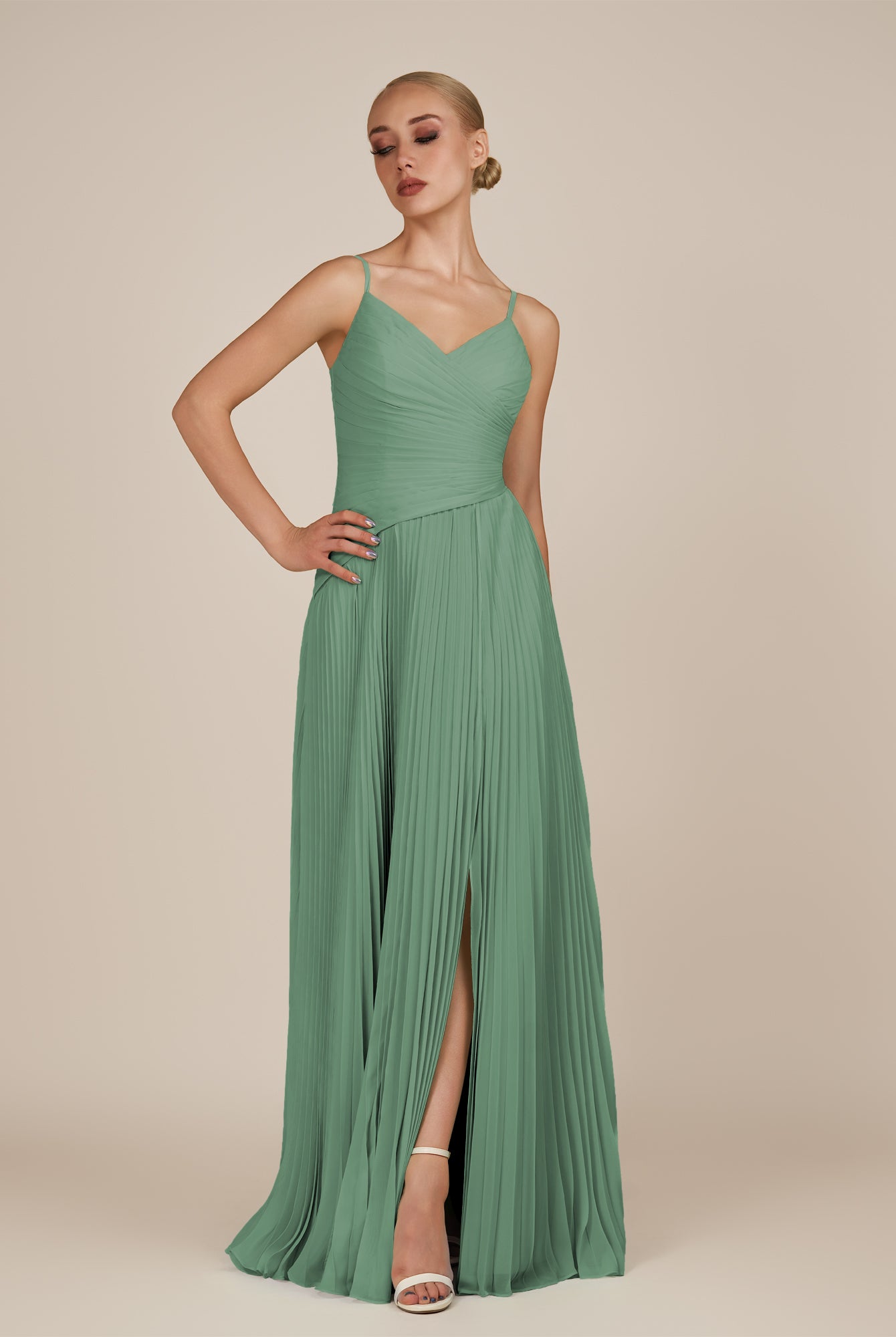KissDress-Vionnet Sea Glass A-Line V Neck Pleated Chiffon Long Bridesmaid Dress with Slit